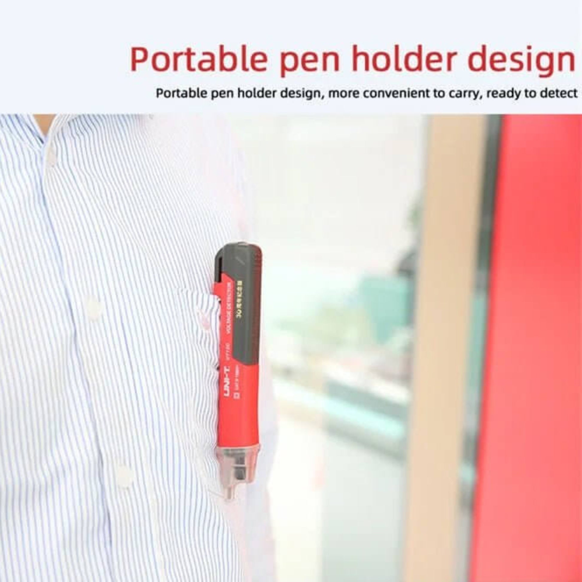 A person carries the UNI-T UT12D voltage detector in a shirt pocket, demonstrating its portability and convenient clip-on design.