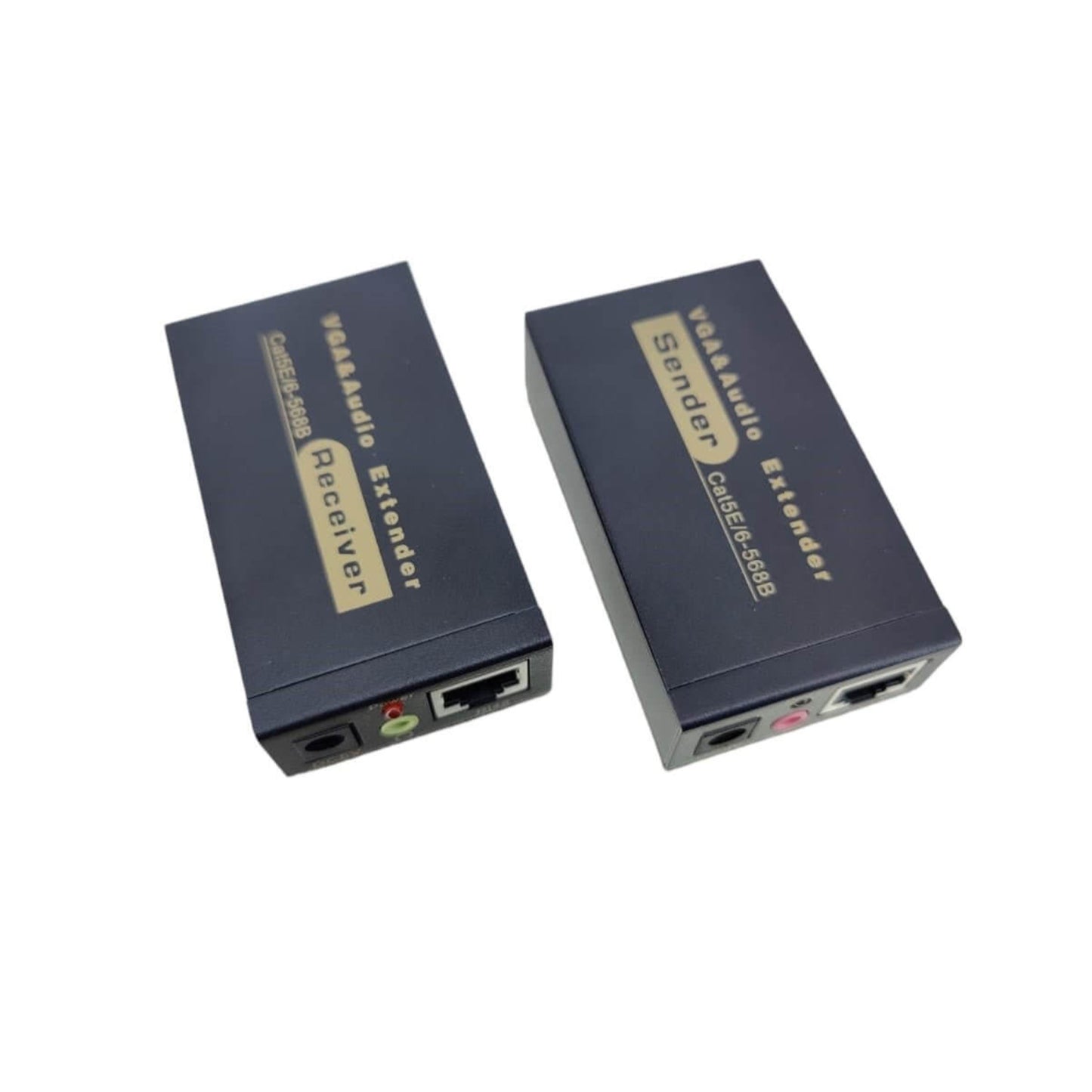 Pair of VGA and audio extenders showing the RJ45 ethernet and 3.5mm audio input/output ports.