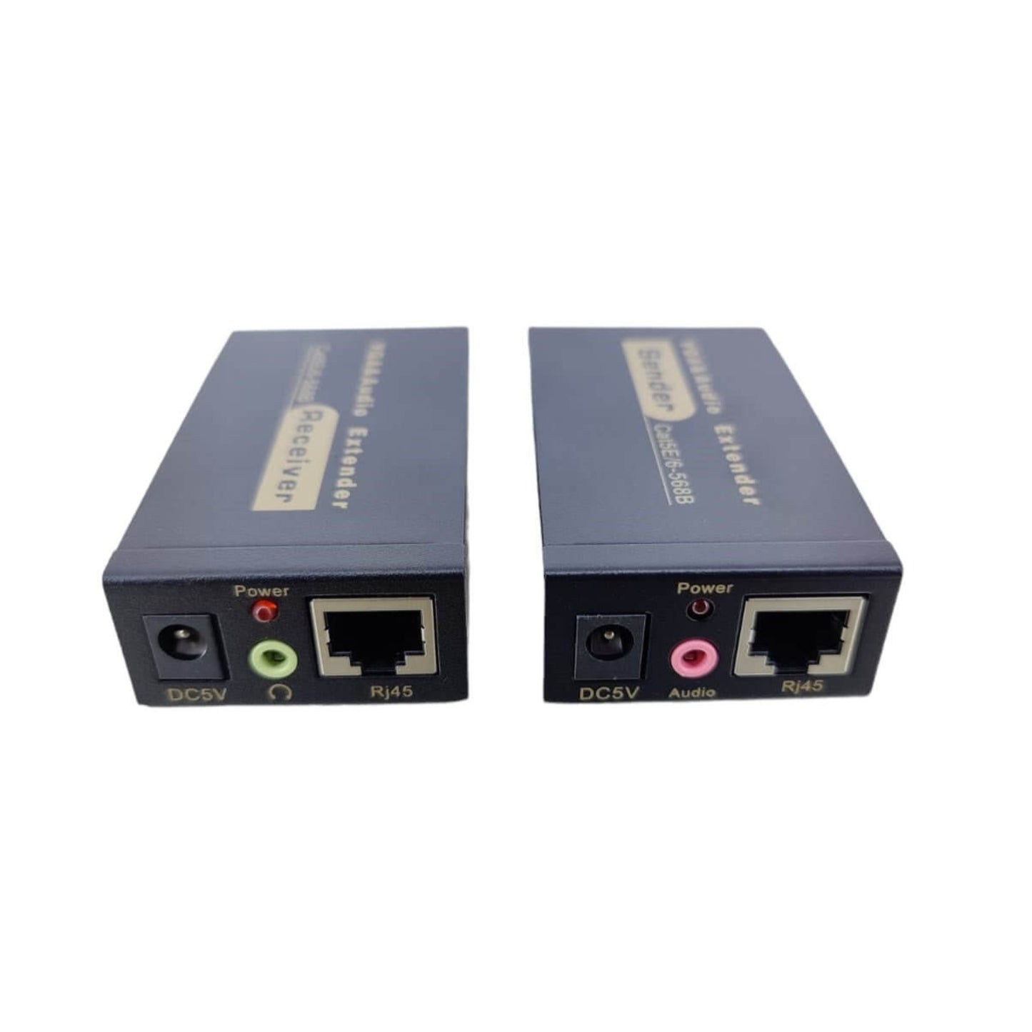 Close-up of the VGA extender sender and receiver, highlighting the power, audio, and RJ45 ethernet ports.