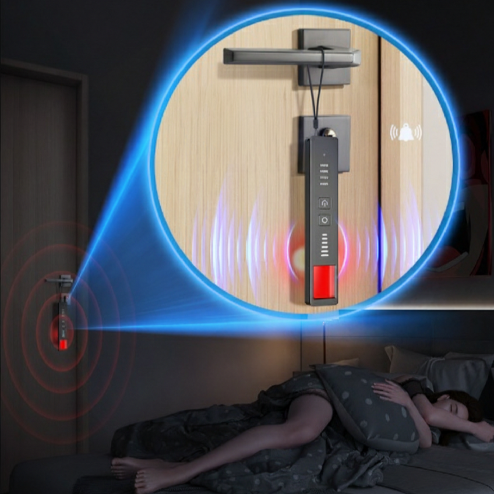 A portable vibration alarm for door handles, acting as a personal security alarm.