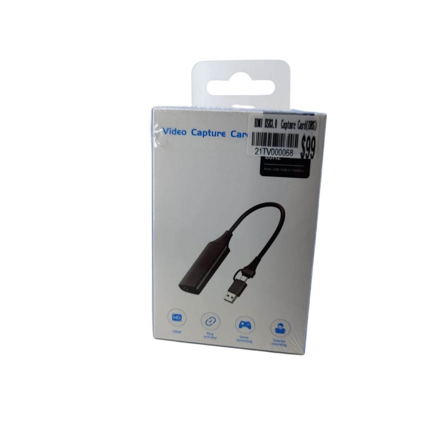 Video capture card packaging showcasing HDMI and USB connection for gaming and streaming.