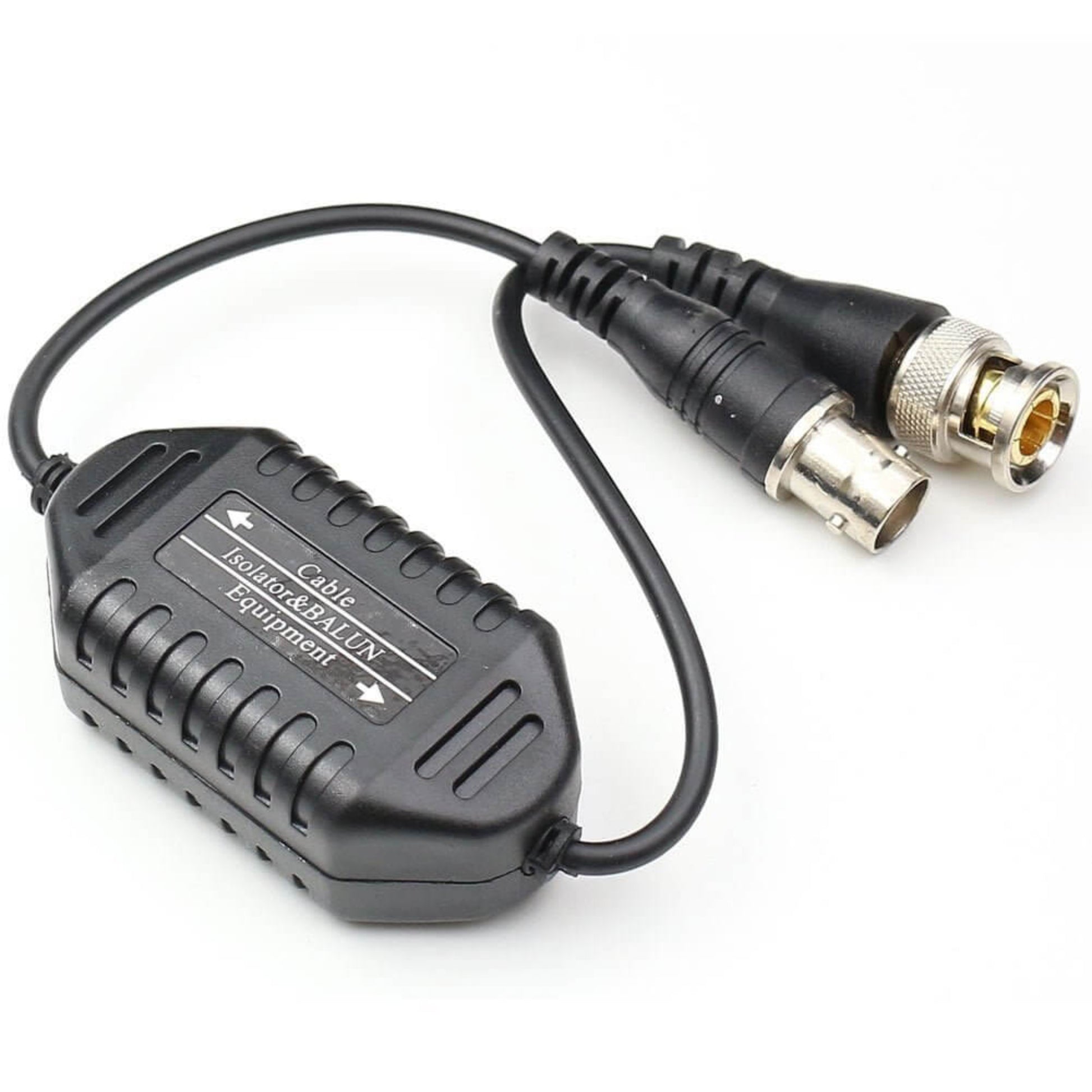 Coaxial video ground loop isolator with BNC connectors for clear security camera footage.