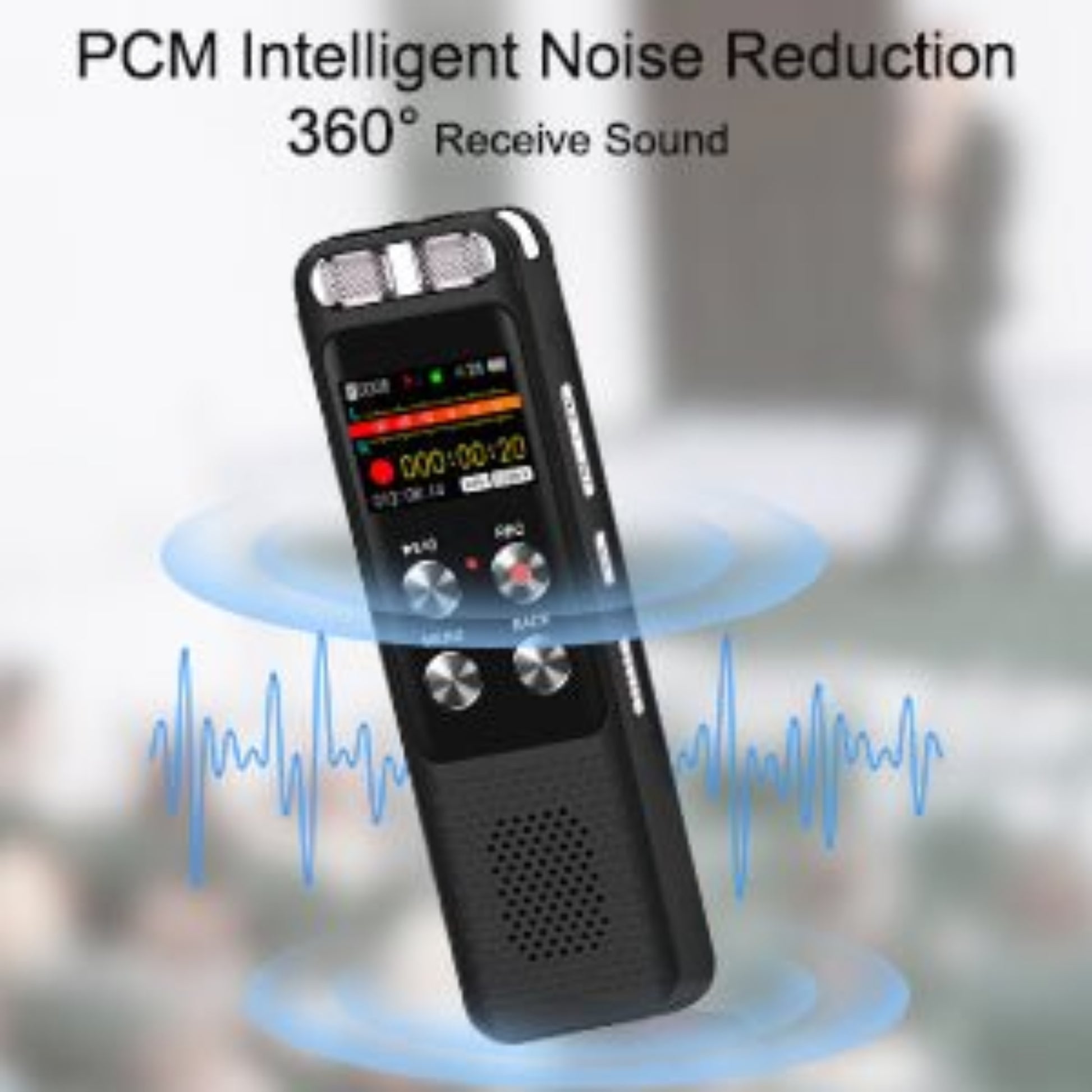 8GB digital voice recorder with PCM noise reduction, 360° sound capture, ideal for meetings and lectures.