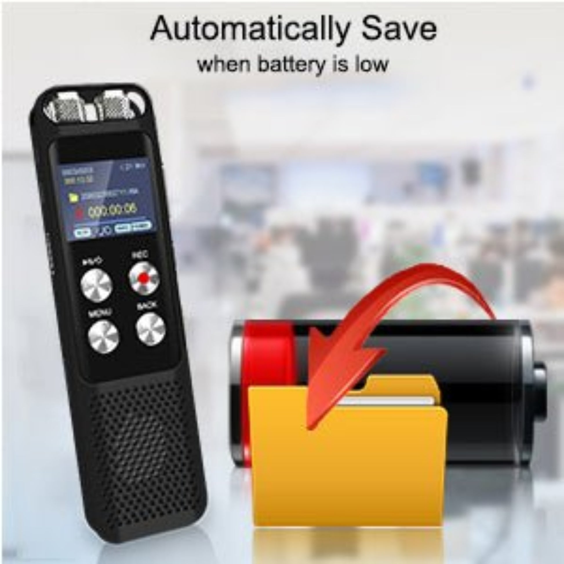 8GB digital voice recorder with auto-save feature for low battery during lectures and meetings.