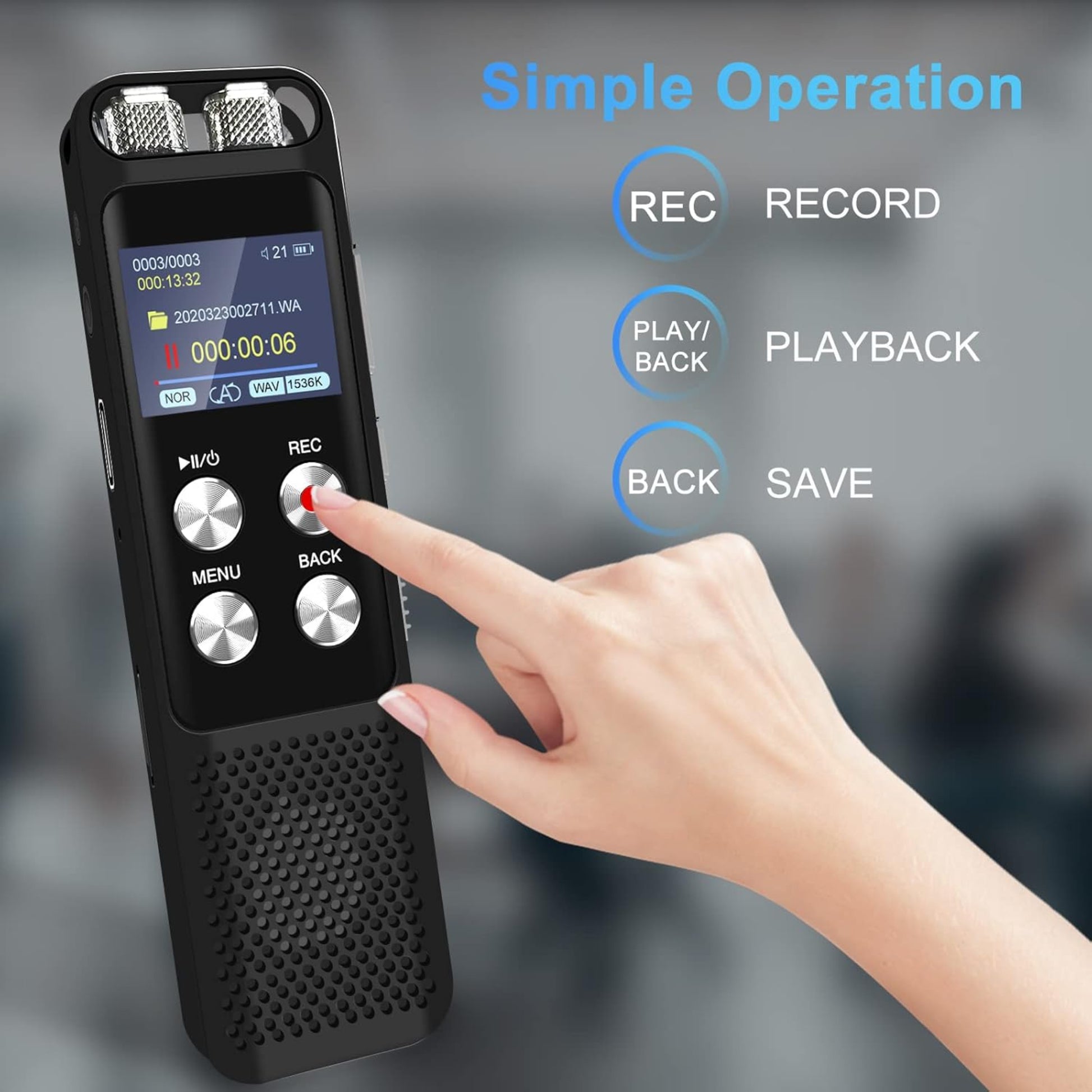 User operating an 8GB digital voice recorder with playback, showcasing simple controls for recording and playback.