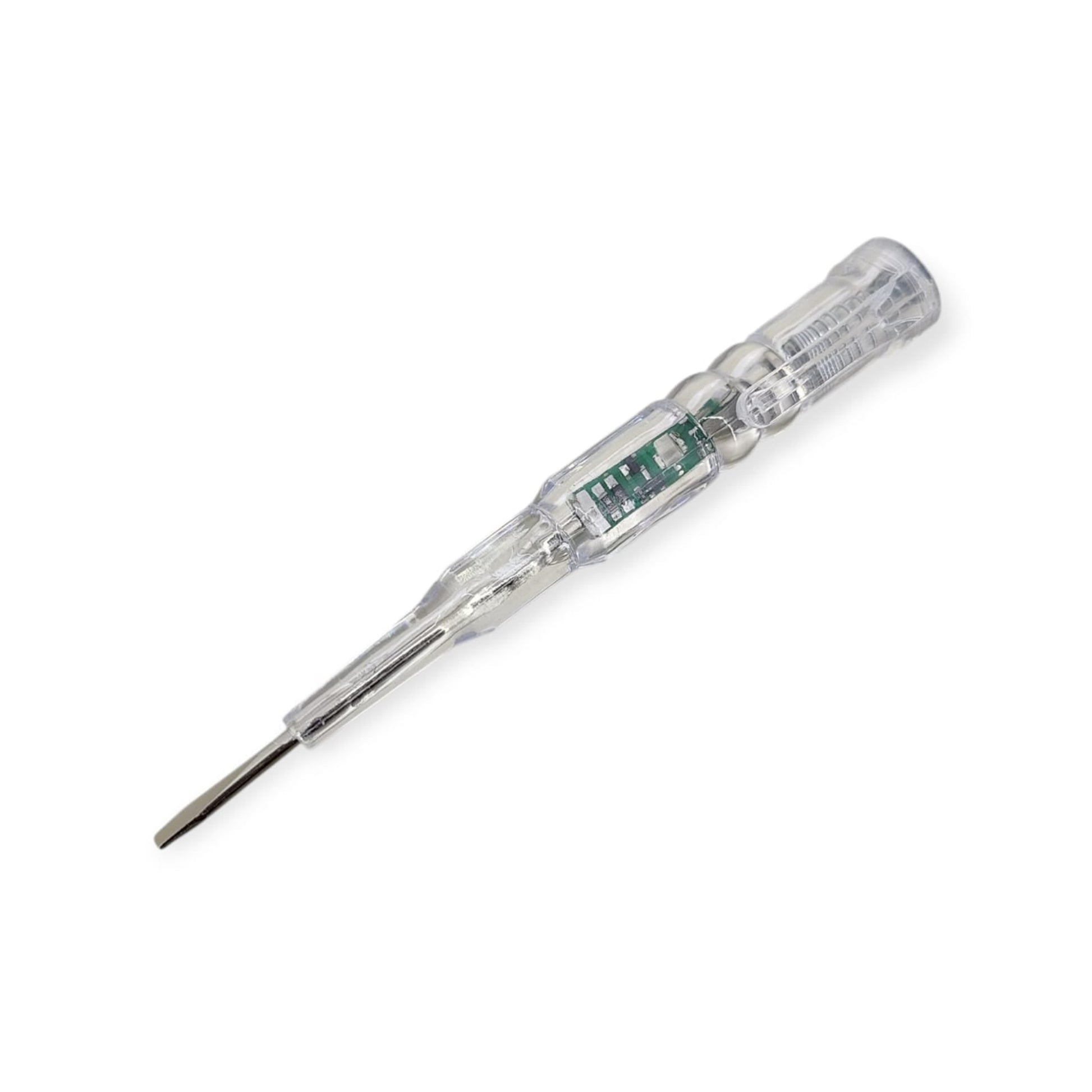 A transparent electrical voltage tester pen showing the internal circuit and neon indicator.