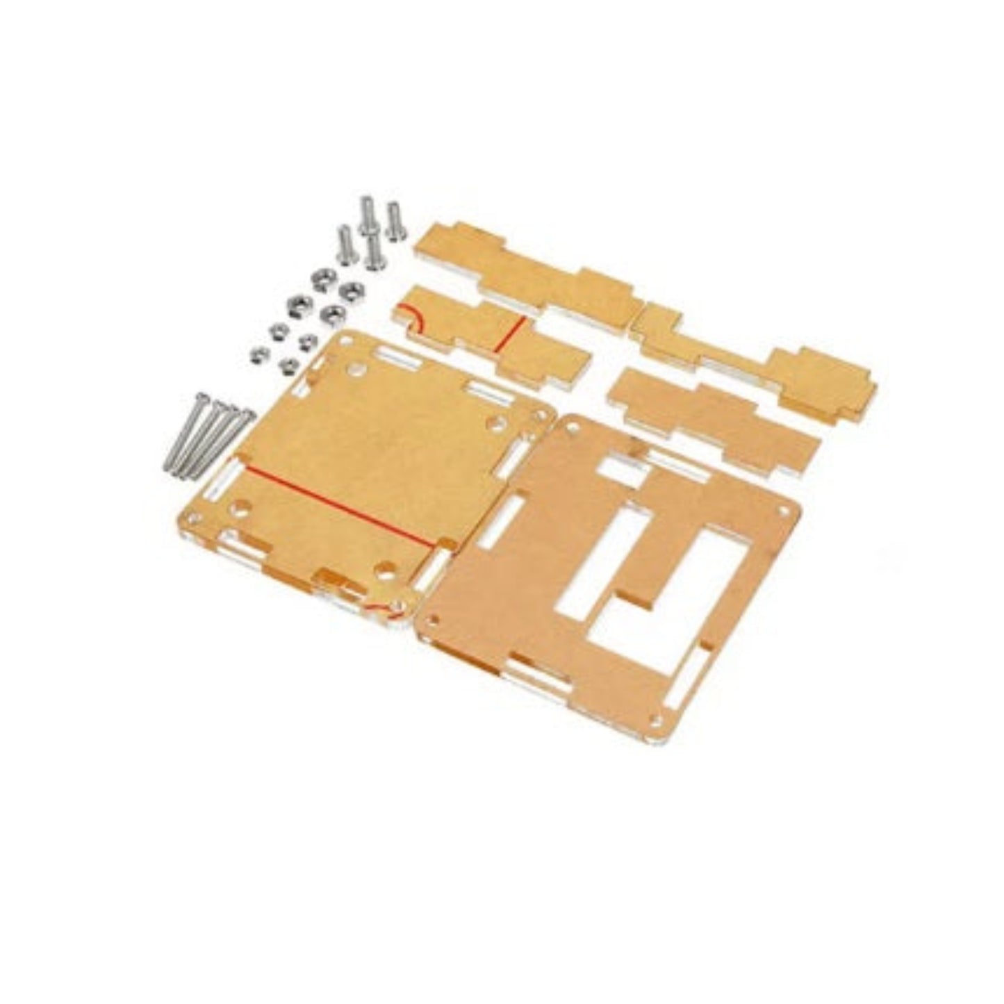 The DIY clear acrylic case for the W1209 thermostat, shown in pieces with screws and nuts.