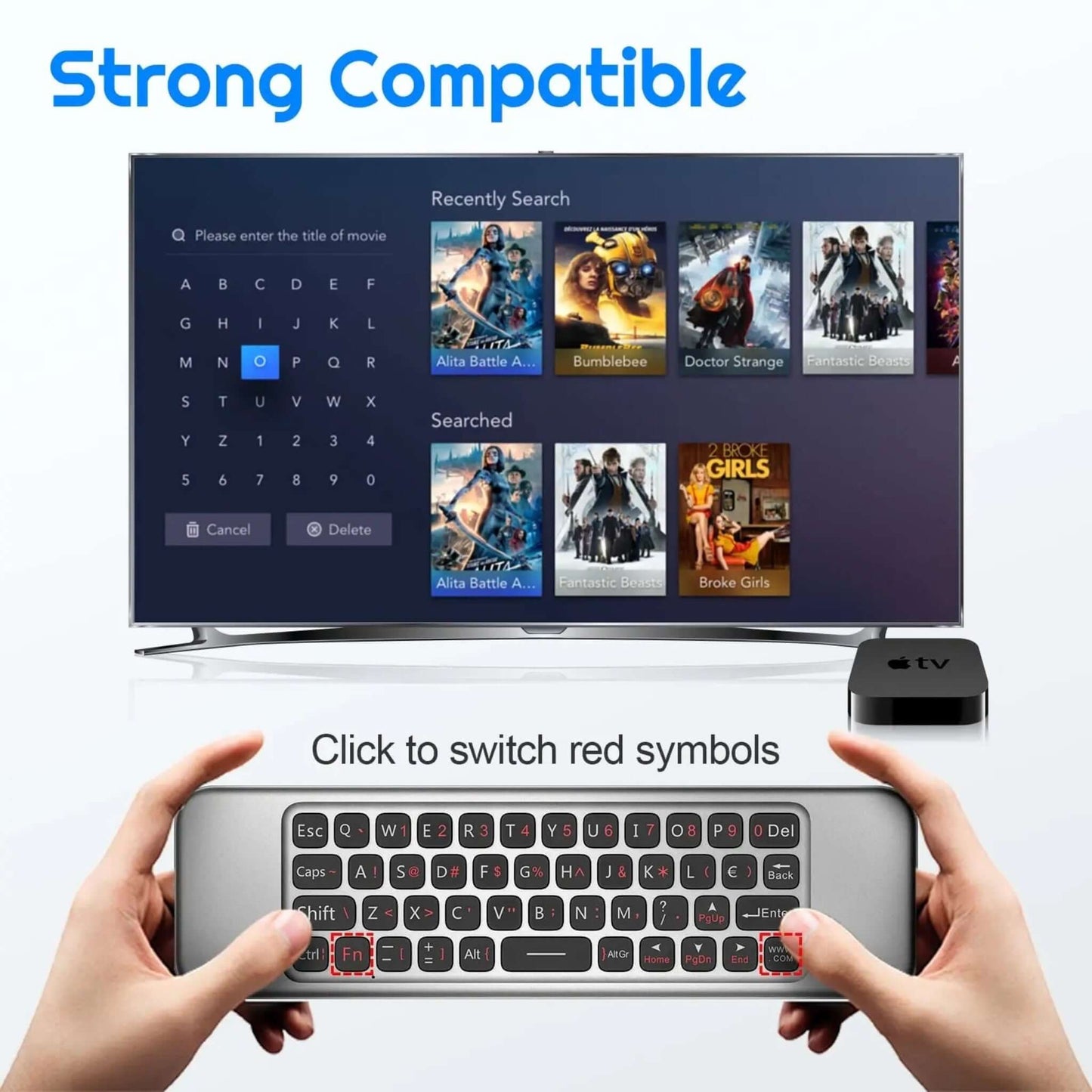 W3 Air Mouse displayed with Smart TV, showcasing voice remote and mini wireless keyboard functionality.