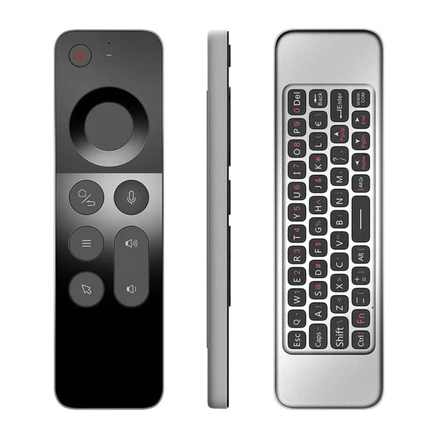 W3 Air Mouse voice remote with mini wireless keyboard for smart devices, showcasing front and side views.