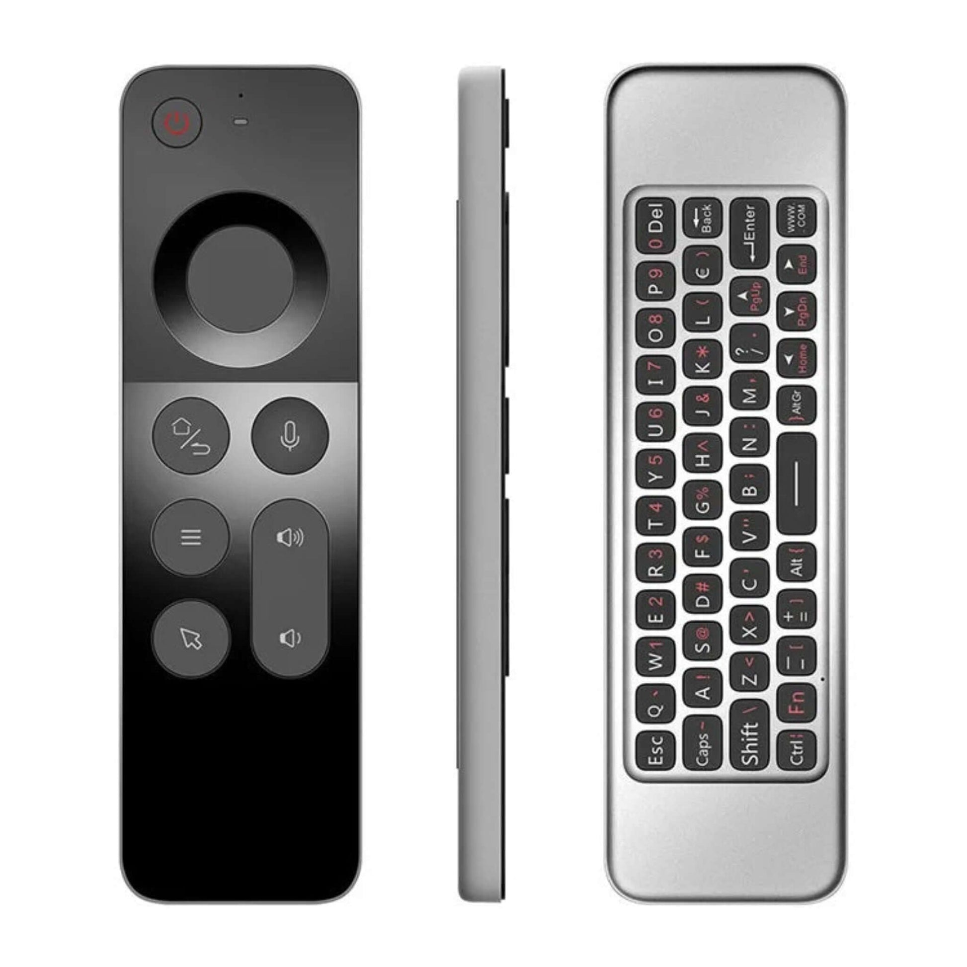 W3 Air Mouse voice remote with mini wireless keyboard for smart devices, showcasing front and side views.