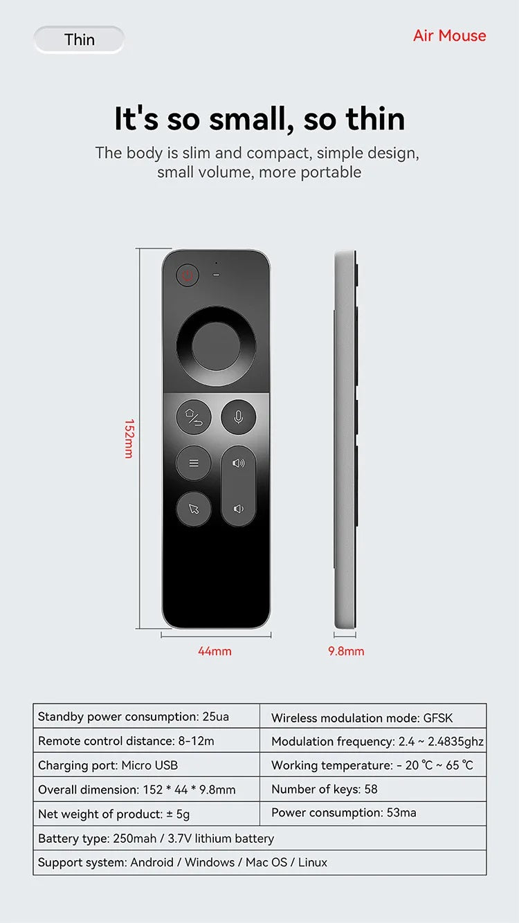 Product specifications and dimensions of the thin and portable W3 Air Mouse.