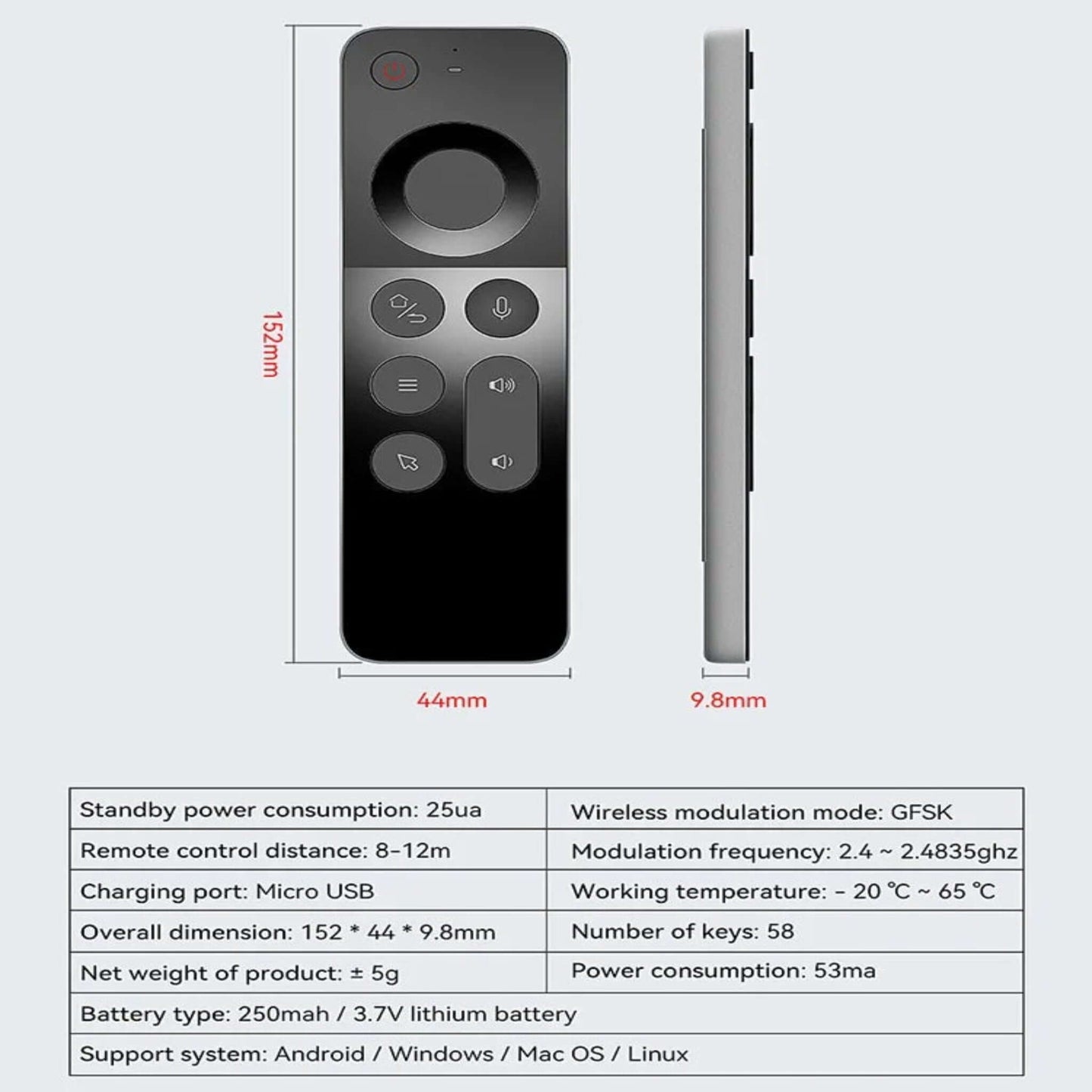 W3 Air Mouse slim design with remote control features and dimensions for smart devices.