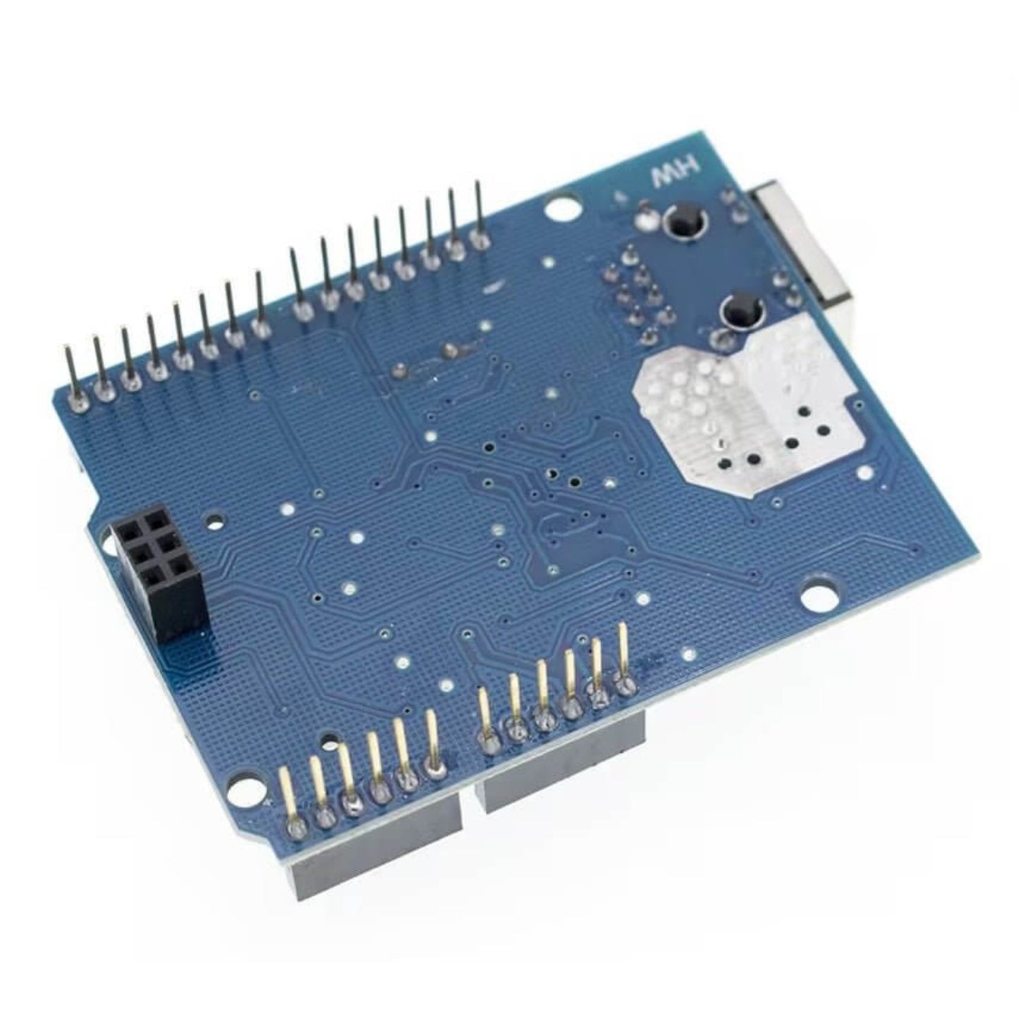 Back view of the W5100 Ethernet module PCB, showing pin headers for connecting to an Arduino Uno or Mega development board.Limited
