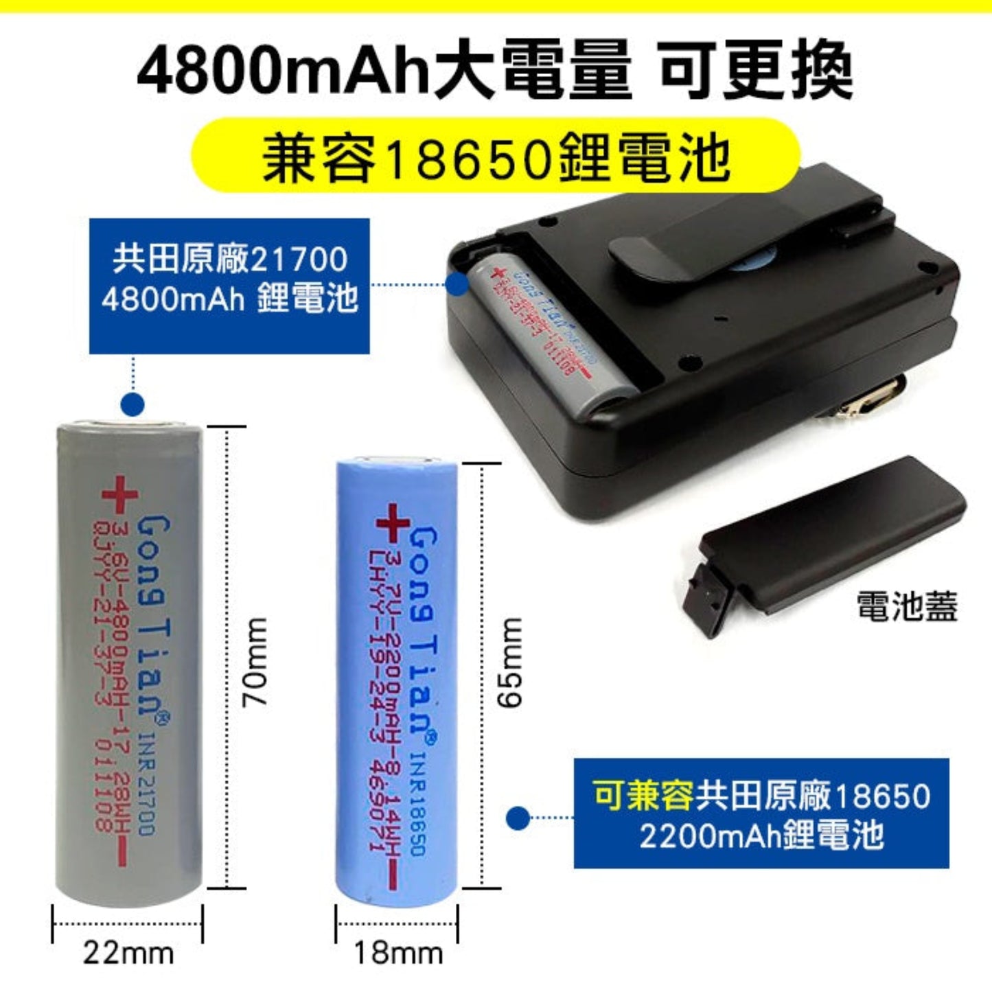 W920B fan 4800mAh 21700 Li-ion battery and compatible 18650 battery size comparison/specs.