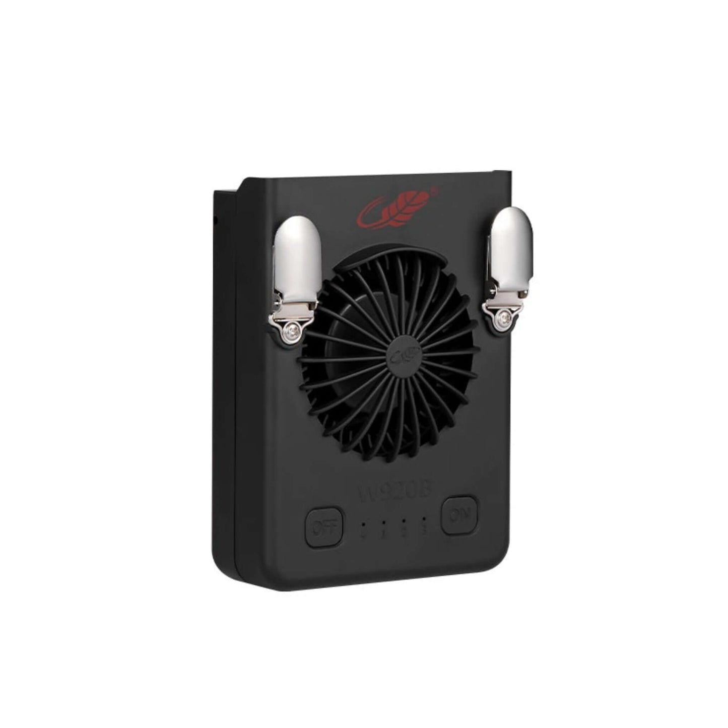 GongTian W920B black portable waist clip fan with metal clips and 3-speed indicator lights.
