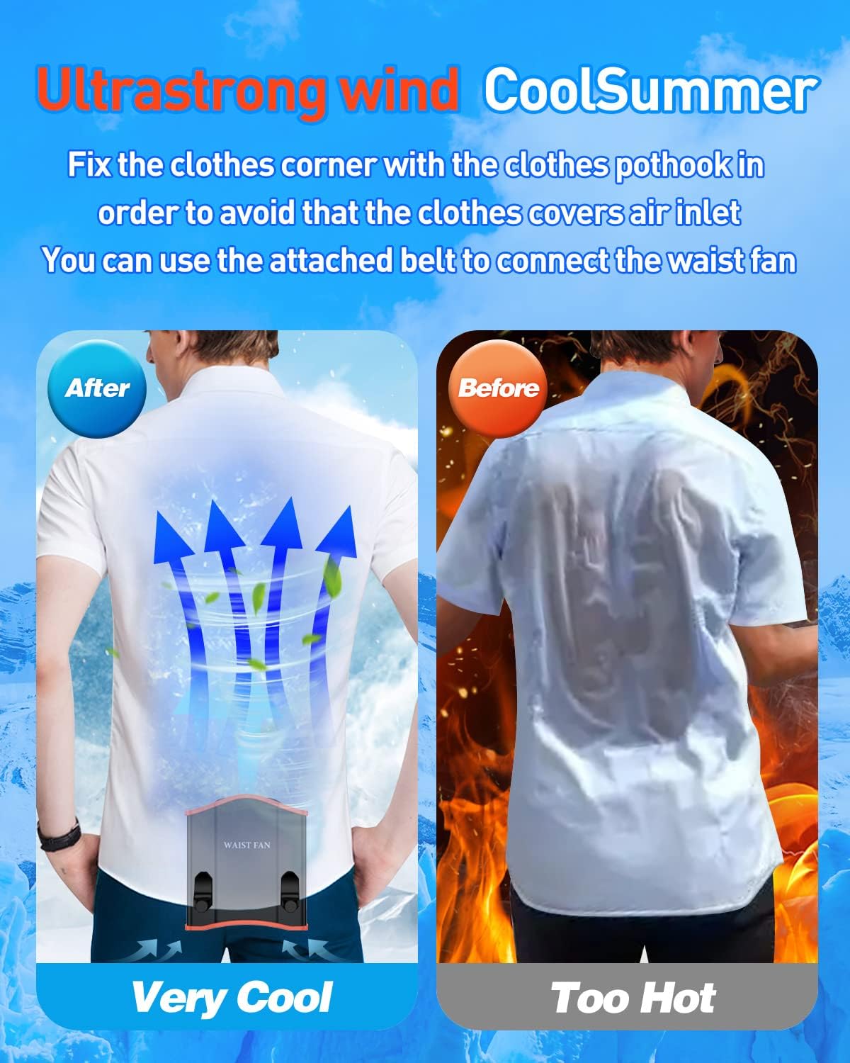 Comparison of a man wearing a shirt with a waist fan, showing cooling effects before and after use.