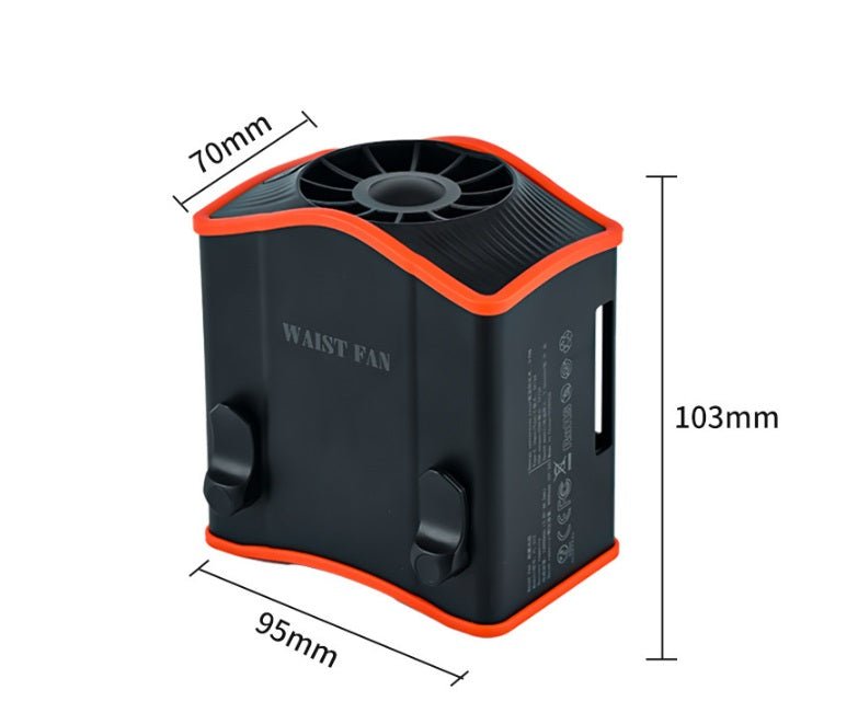 Portable 12000mAh waist fan dimensions 70mm x 95mm x 103mm, ideal for on-the-go cooling.