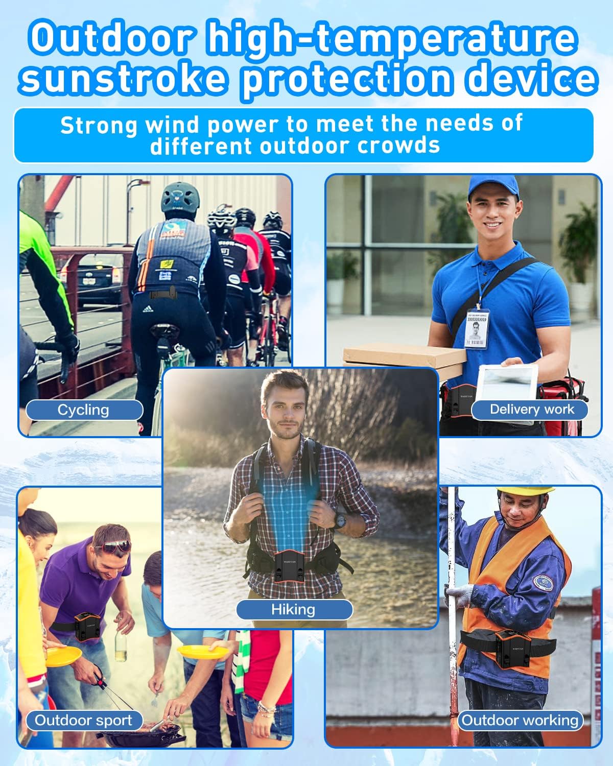 Outdoor sunstroke protection device featuring diverse users in cycling, delivery, hiking, and outdoor sports.