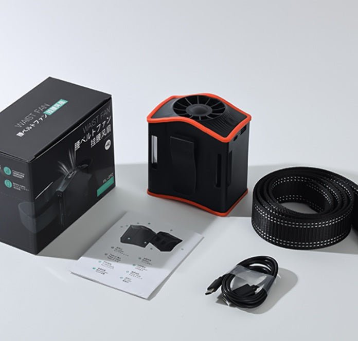Portable 12000mAh waist fan with box, straps, and accessories for outdoor cooling.