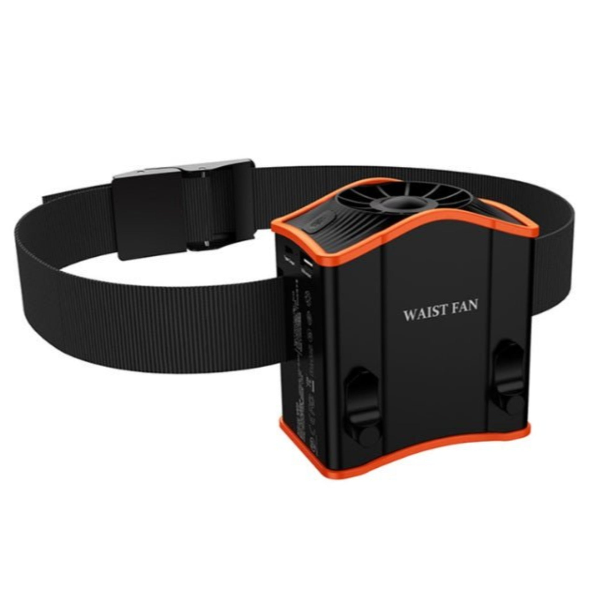 Portable 12000mAh waist fan with belt for hands-free cooling during outdoor activities.