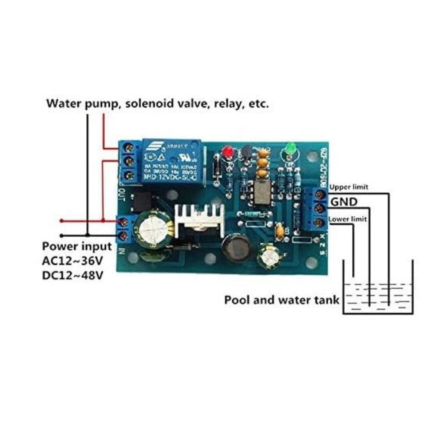 Water Level Controller Module schematic showing connections for pump and sensors with power input specifications