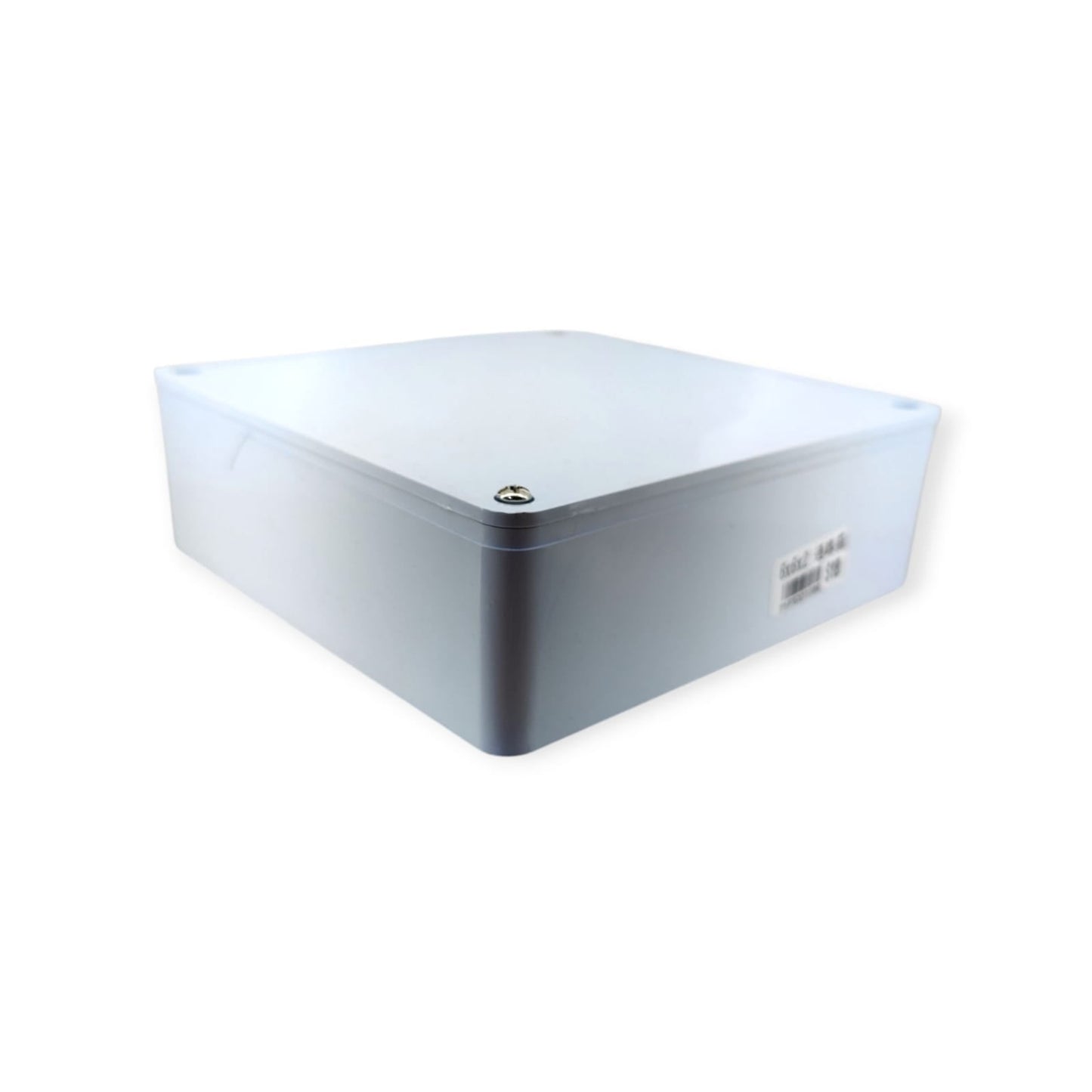 A white waterproof electrical enclosure box, assembled with the lid securely screwed on.