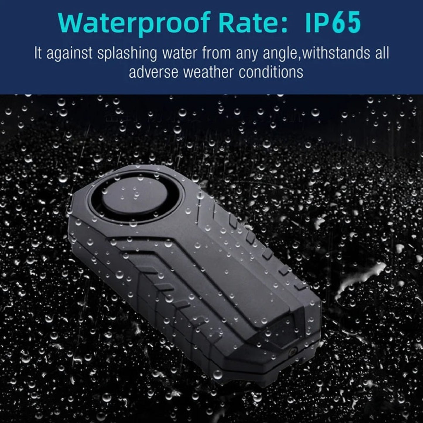 The bike alarm with an IP65 waterproof rating, pictured in the rain to show its durability in bad weather.