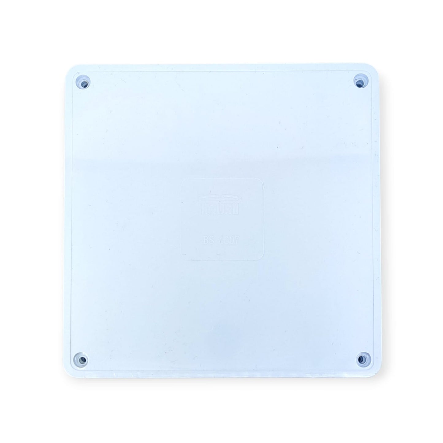 Top-down view of the lid for the waterproof junction box, showing four screw holes.
