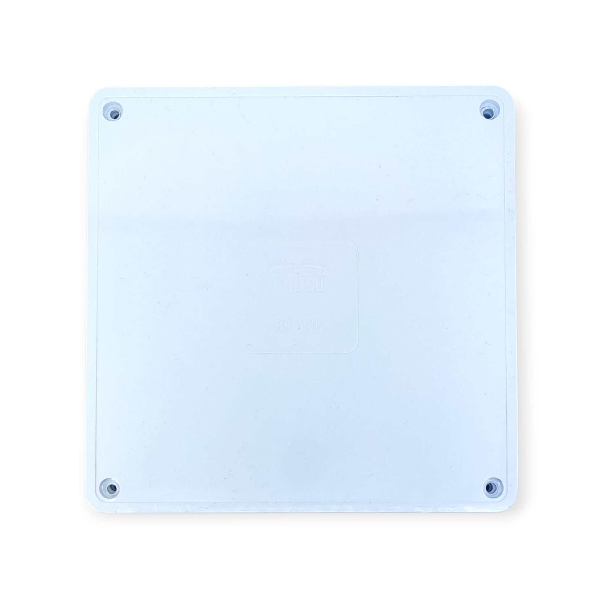 Top-down view of the lid for the waterproof junction box, showing four screw holes.
