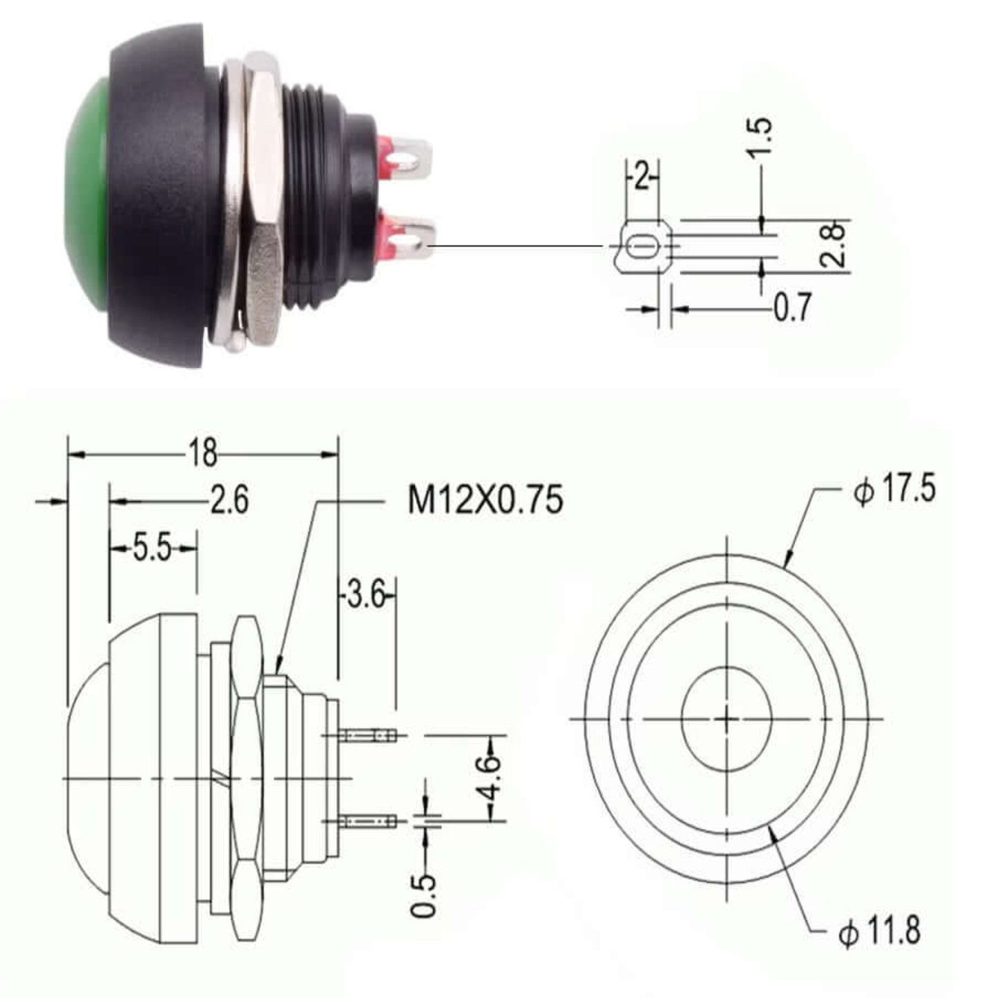 12mm black waterproof switch with dimensions, push button ON OFF configuration for various electrical applications.