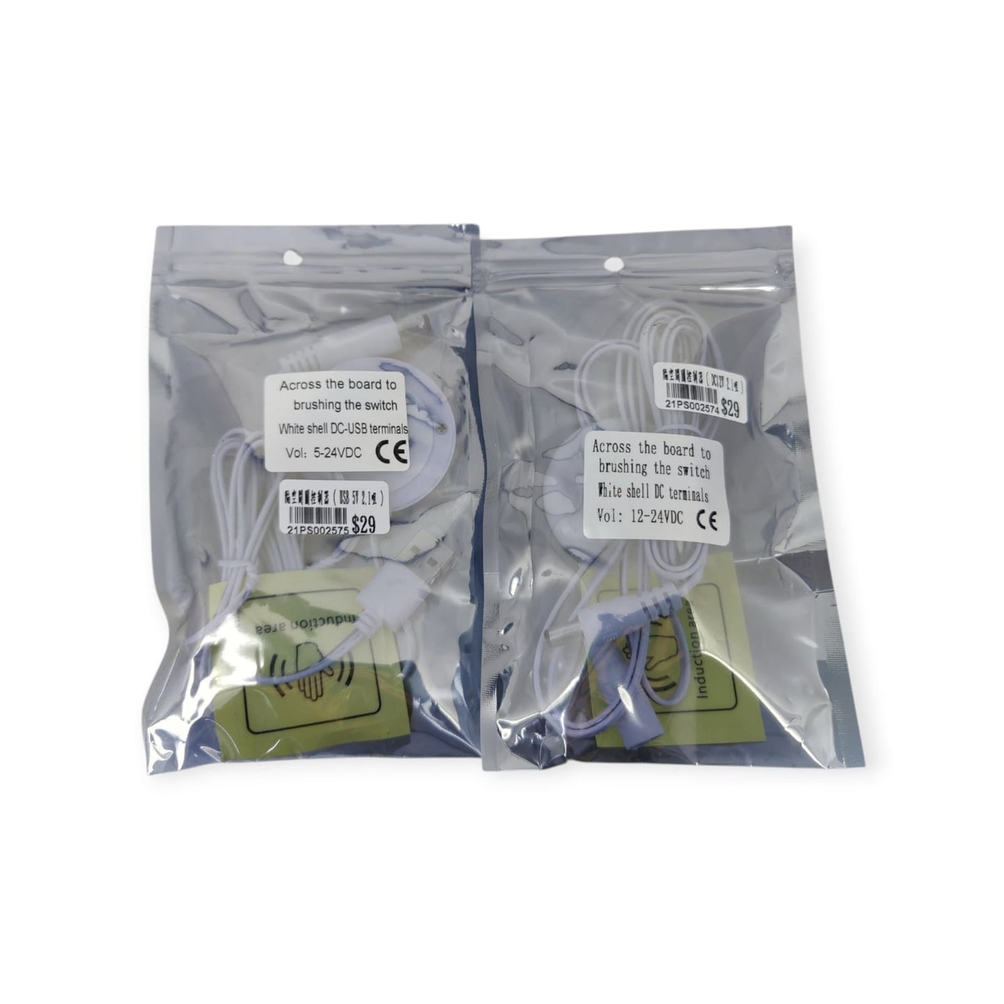 Two wave sensor switches in their retail packaging, showing product details for both the DC and USB versions.