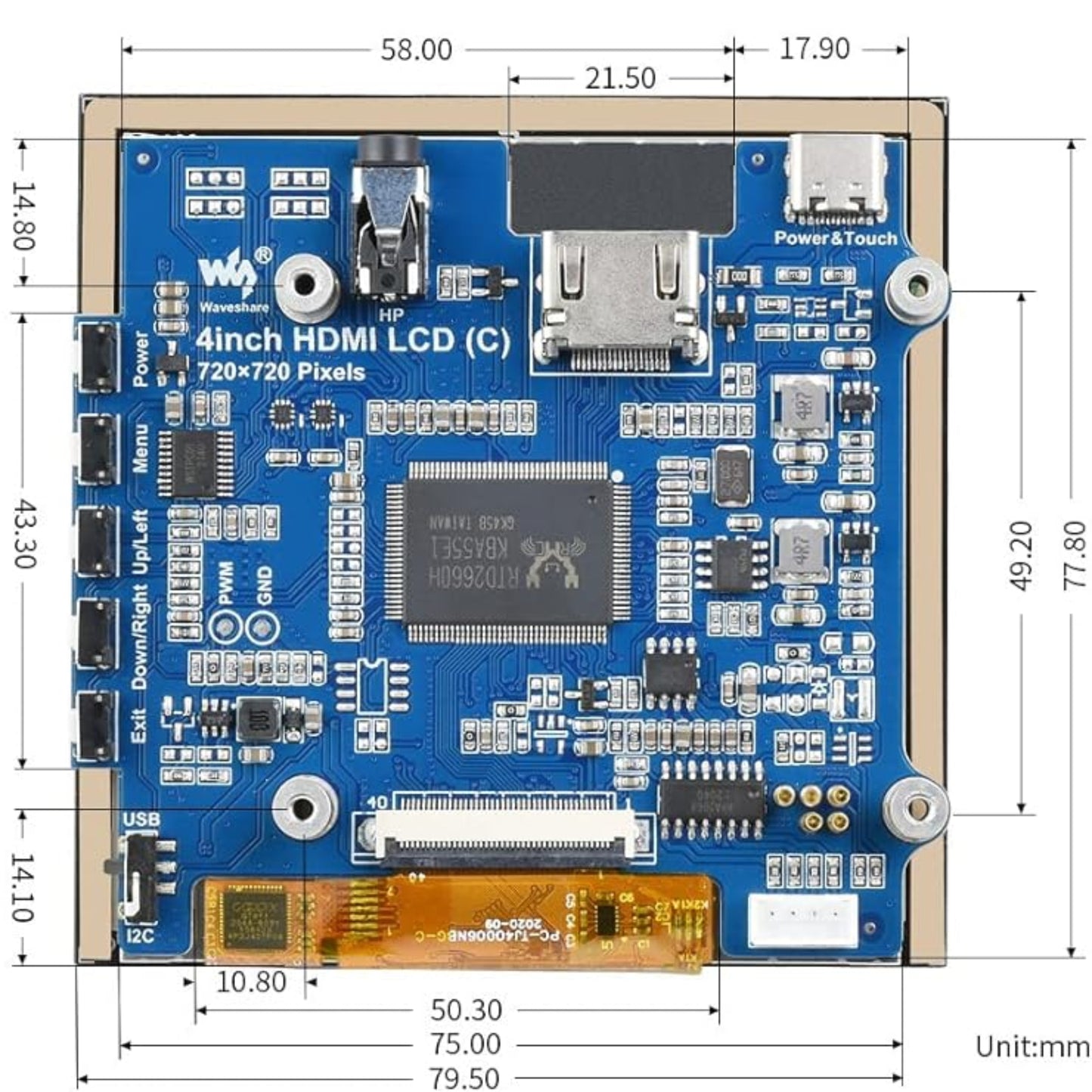 Waveshare 4inch HDMI Touch IPS LCD Display dimensions and layout with board connections and measurements.