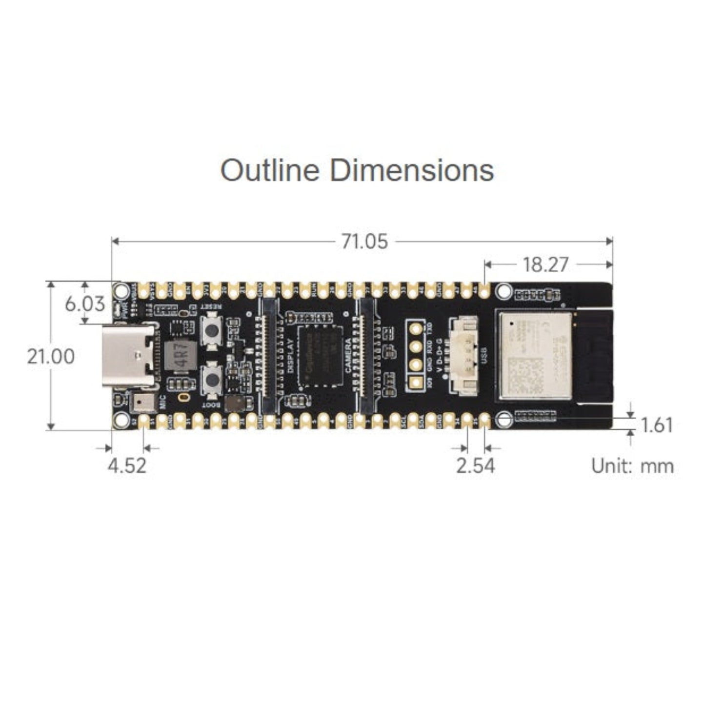 ESP32-P4-WIFI6 底板尺寸圖 (71.05 x 21 mm),輕巧設計適合各類電子零件整合。到店購買享有專業技術建議。
