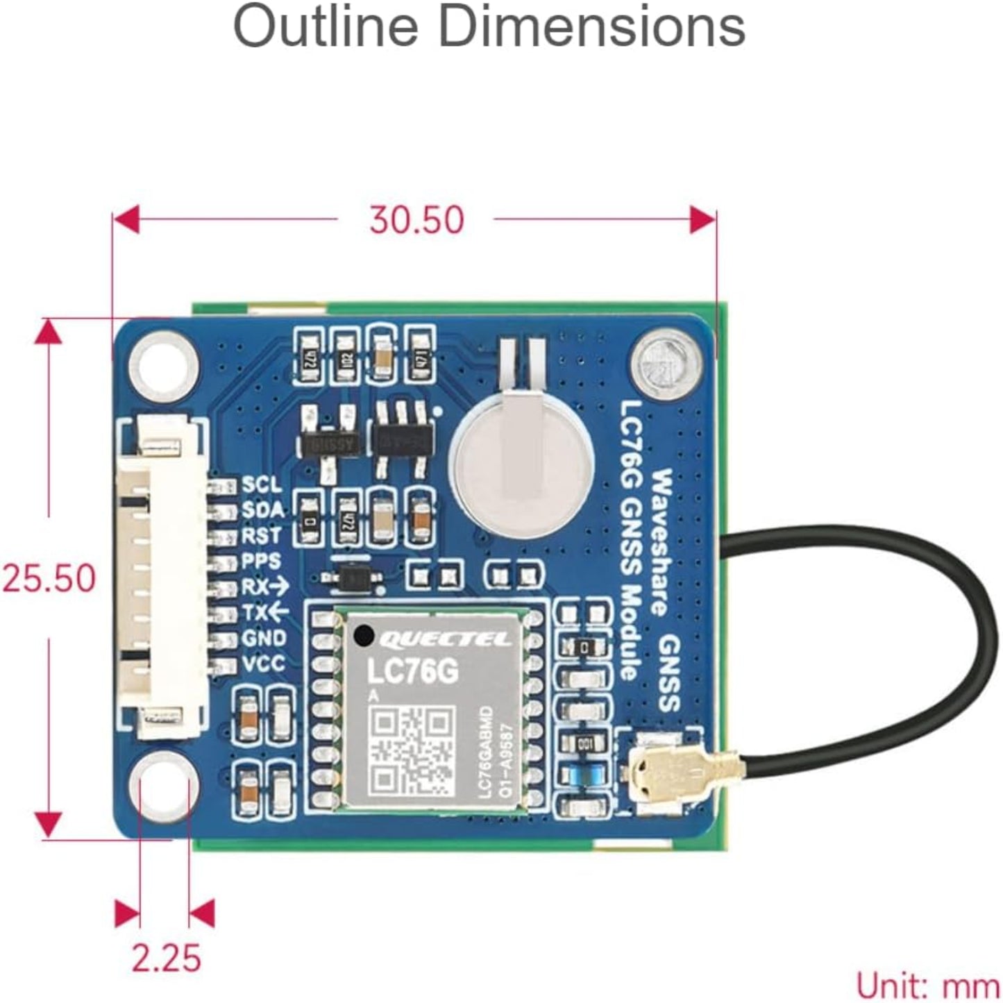 Waveshare LC76G GNSS Module image with outline dimensions and specifications in millimeters.