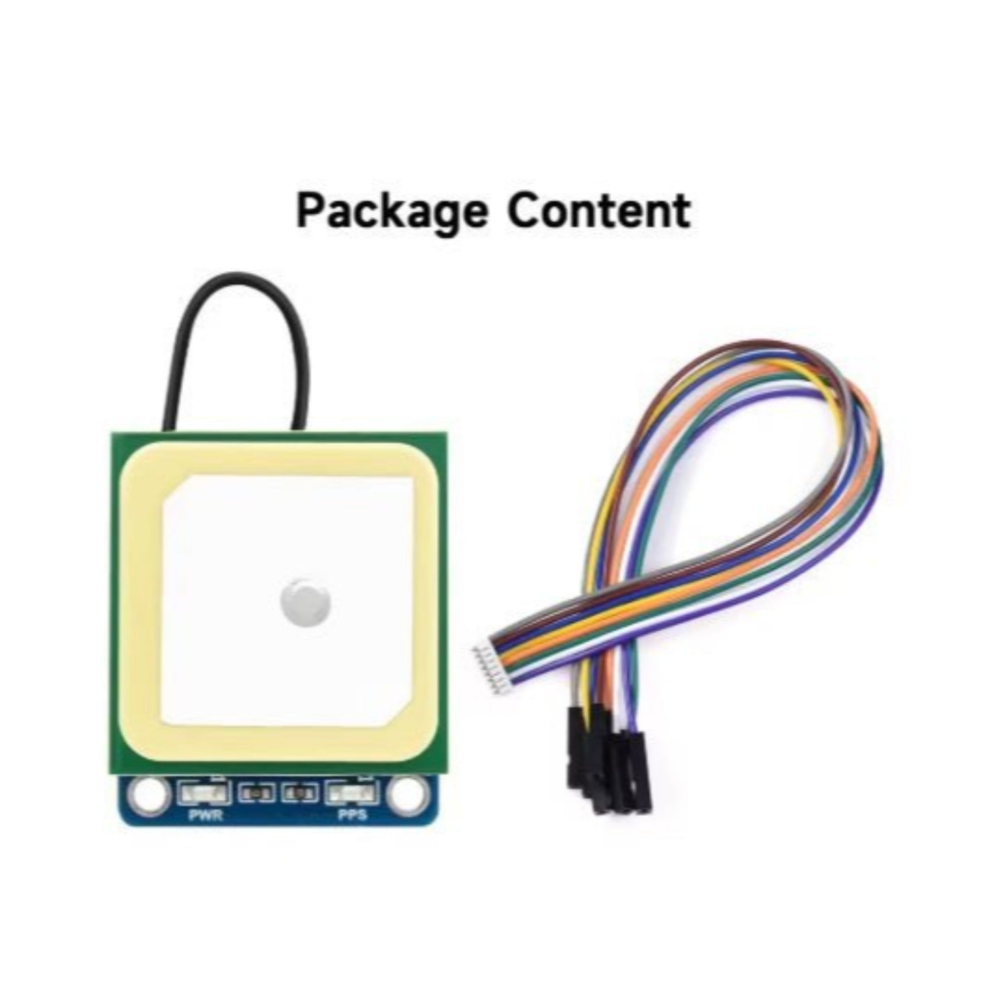 Waveshare LC76G GNSS module with GPS antenna and multicolored connector wires, showcasing package contents.
