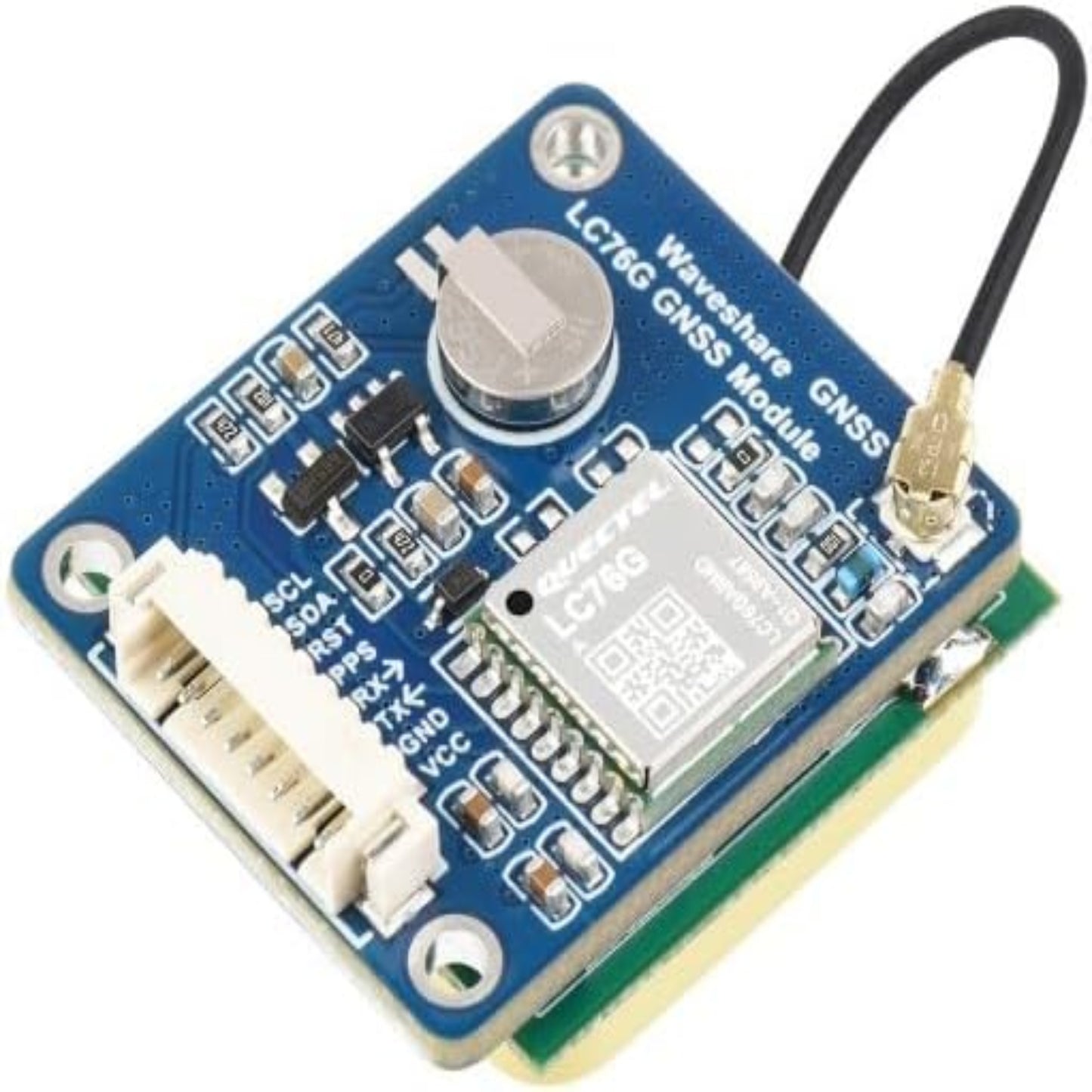 Waveshare LC76G multi-GNSS module board showcasing GPS, BDS, GLONASS, Galileo, and QZSS capabilities.