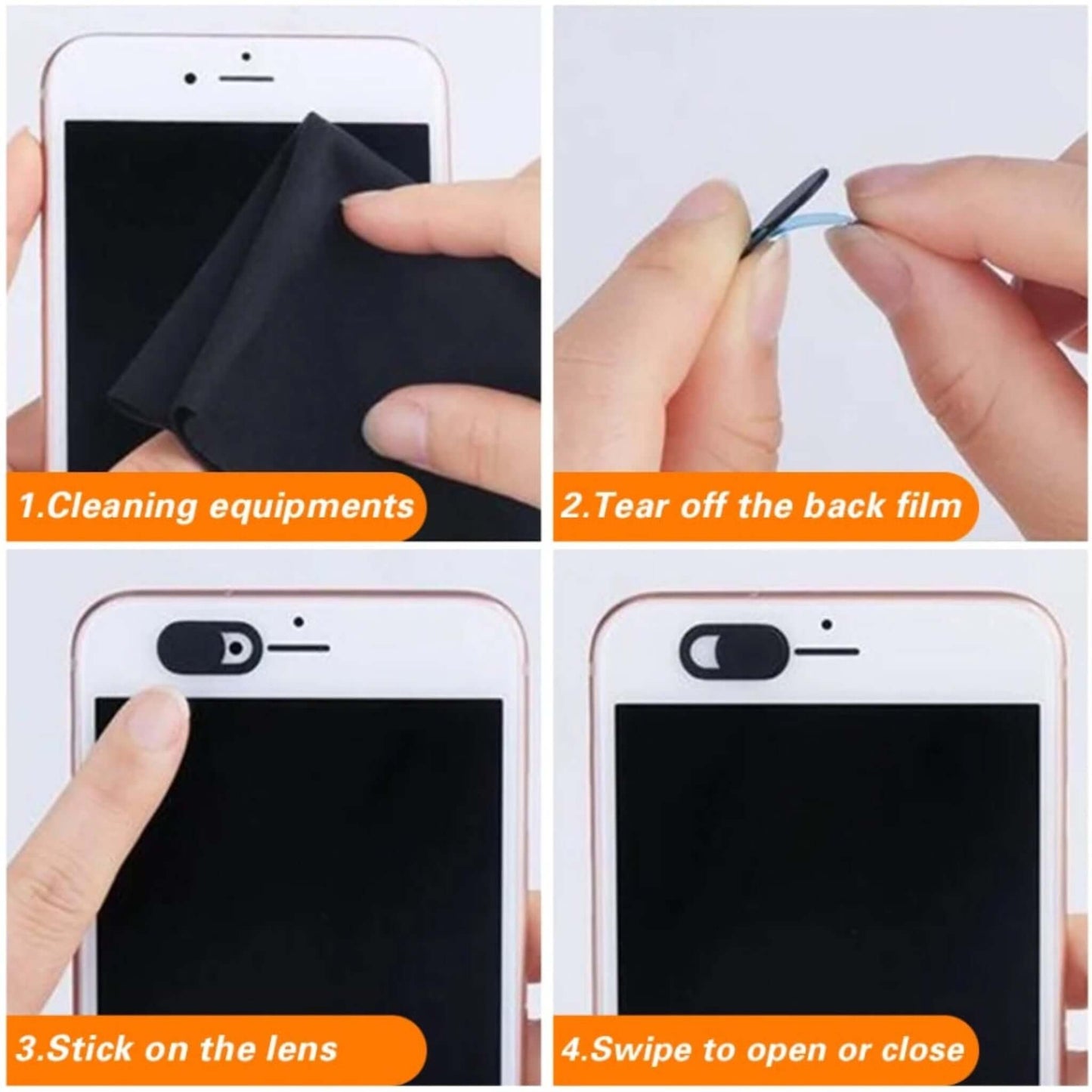 Four-step visual guide on how to install and use the universal webcam privacy cover on a smartphone lens.