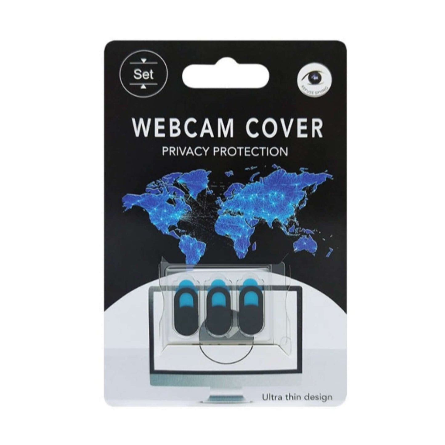 Retail packaging for a 3-pack of universal webcam covers, featuring a blue and black design for privacy protection.