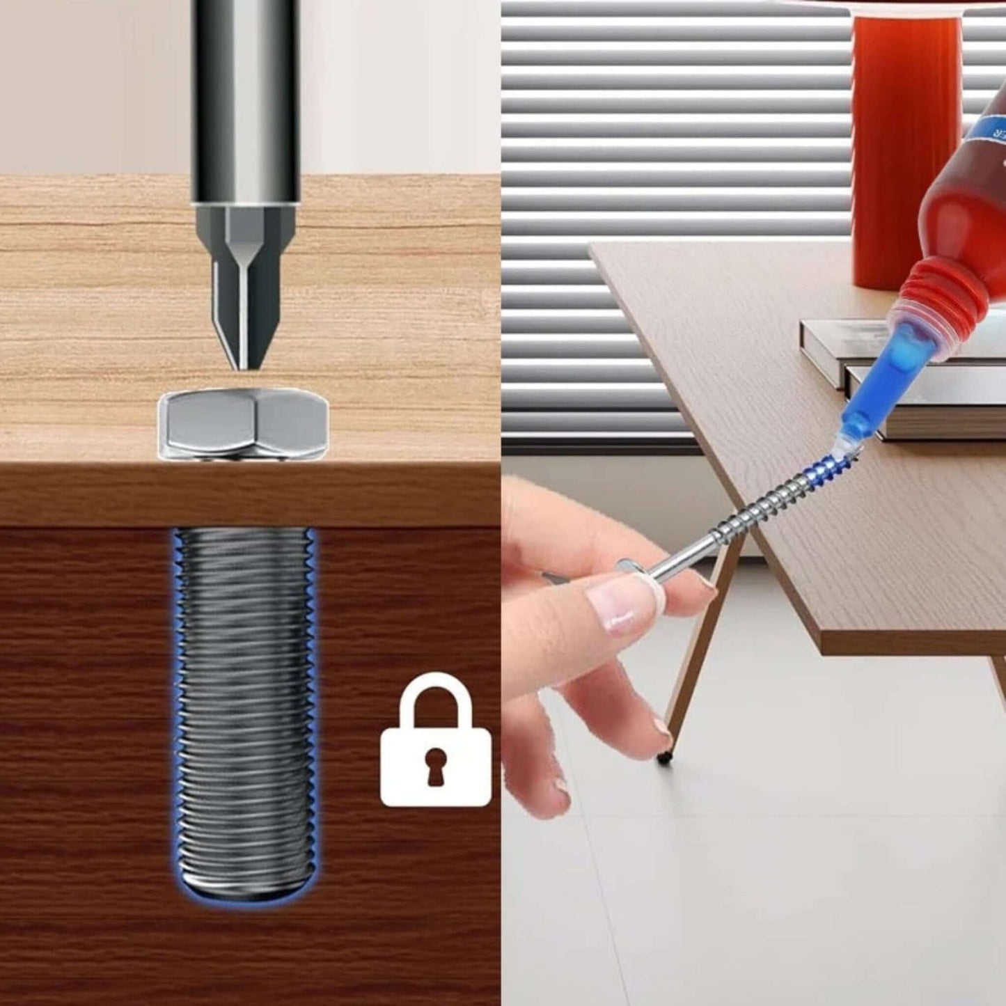Using WEISITE blue screw glue in furniture assembly and mechanical repair.