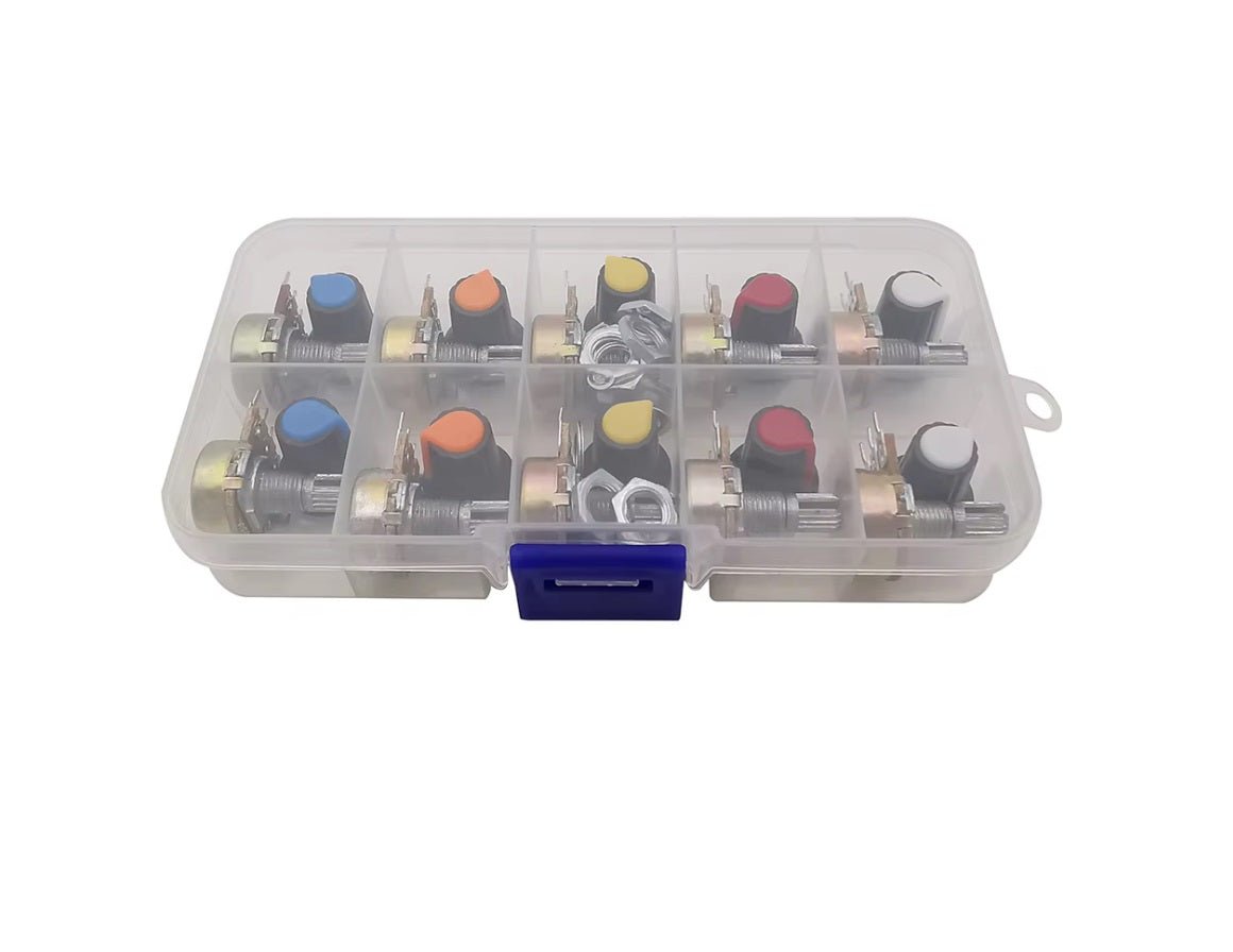 10pcs 10 Kinds Single Couplet Potentiometer Kit in a clear storage box featuring various resistance values and colors.
