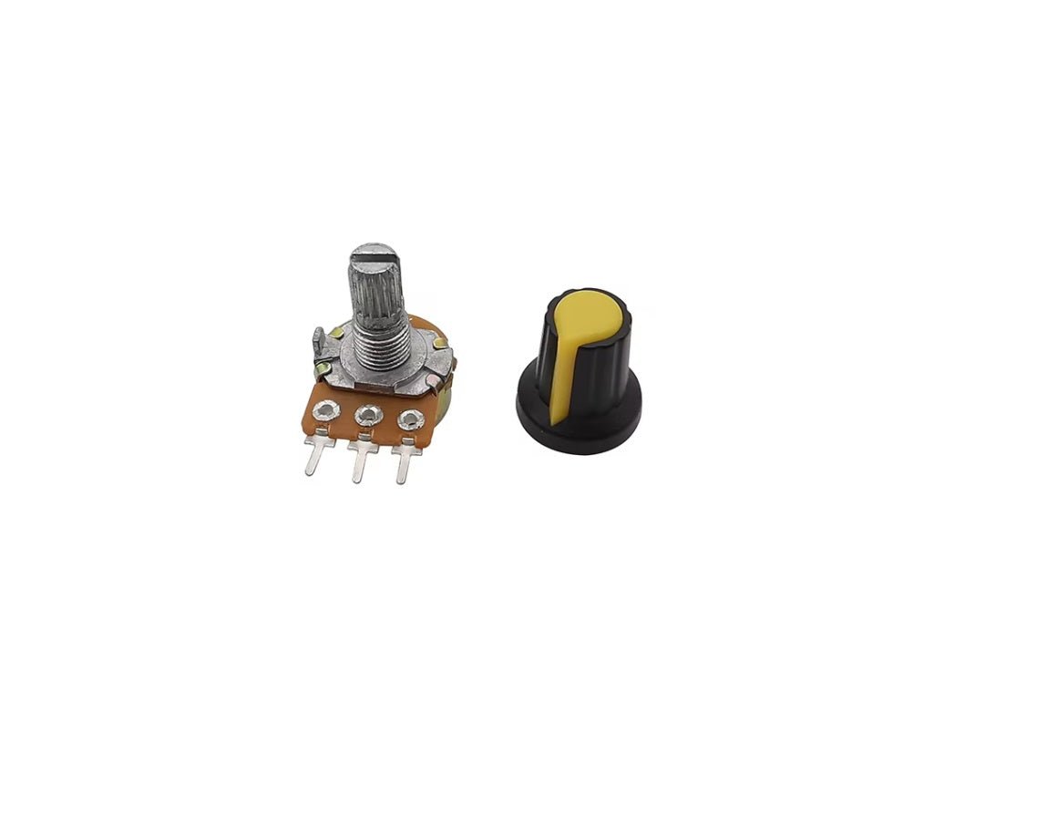 WH148 rotary potentiometer with yellow knob, ideal for controlling electrical devices and compatible with standard settings.