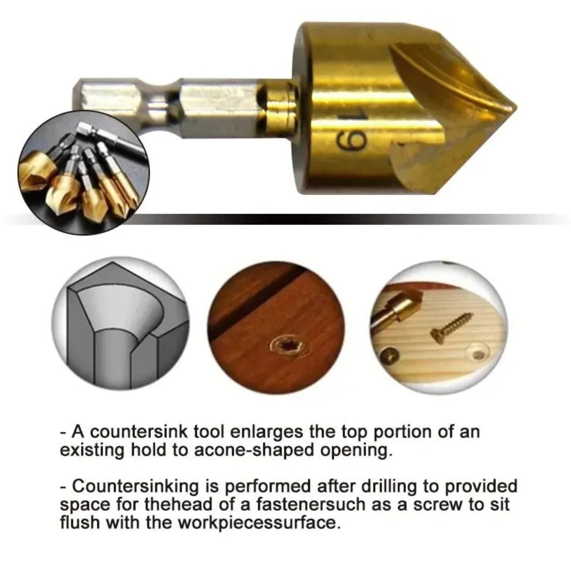 An image explaining the function of a countersink tool, showing how it creates a cone-shaped opening for a screw head to sit flush.
