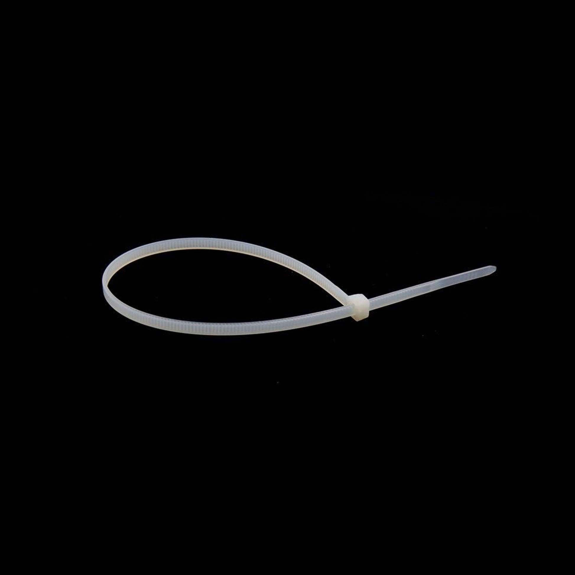 White 5mm x 300mm nylon cable tie, looped for secure fastening in auto and car applications.