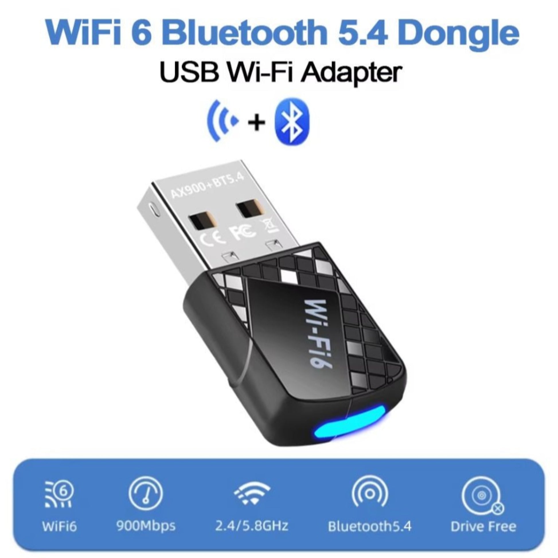 WiFi 6 Bluetooth 5.4 USB adapter with 900Mbps, 2.4/5.8GHz dual band, and drive-free installation.