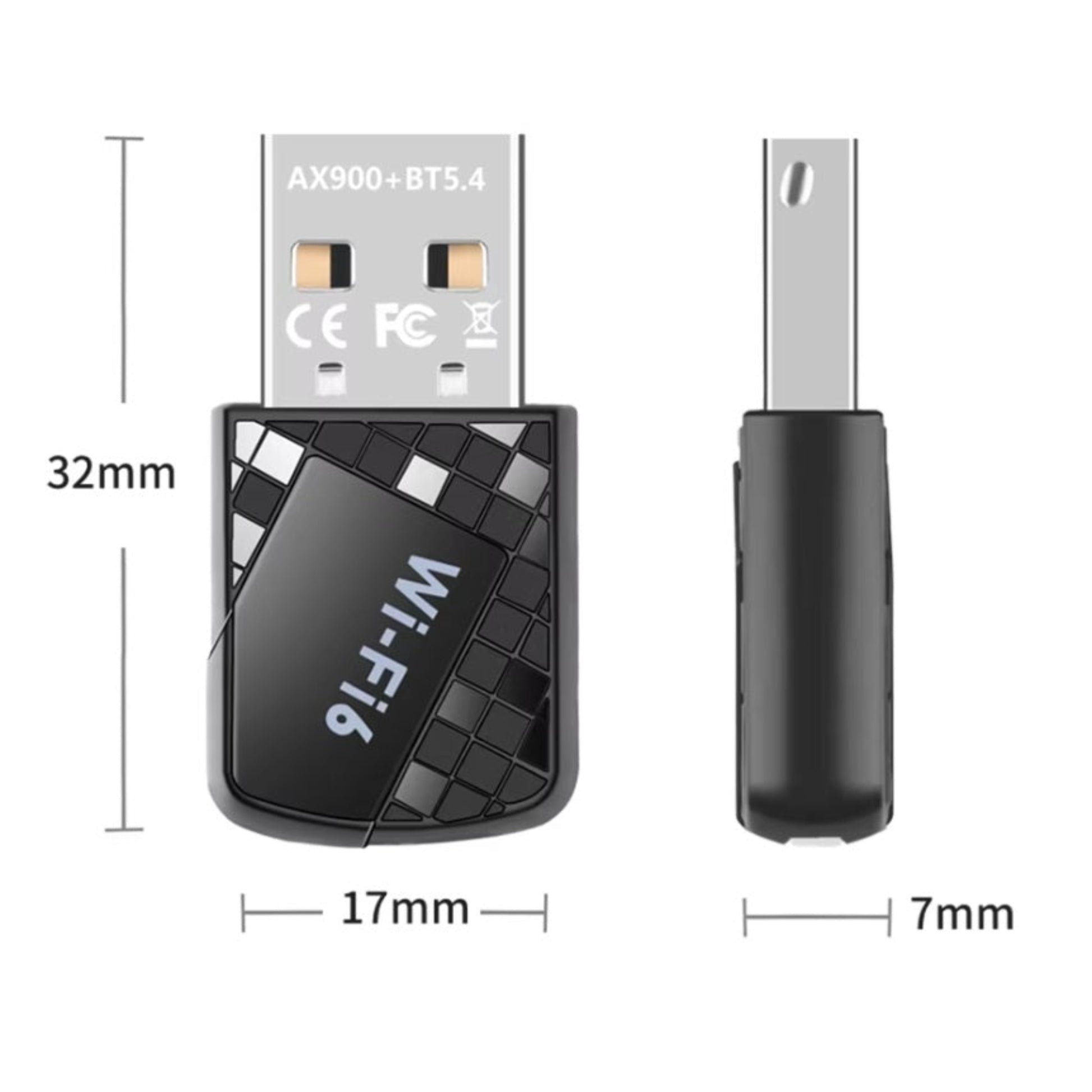 Compact WiFi 6 Bluetooth 5.4 USB adapter, measuring 32x17x7mm for easy portability and discreet use.