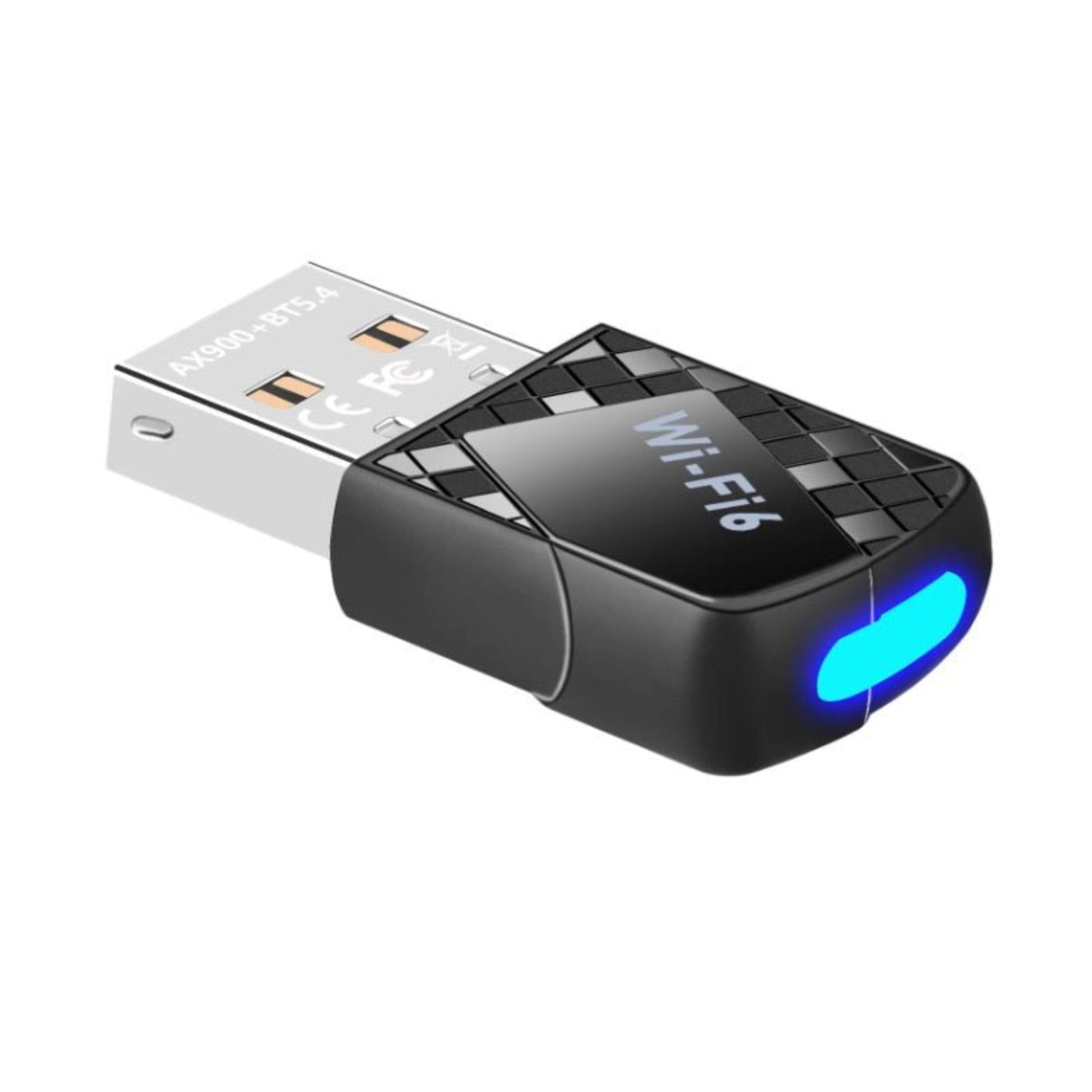Close-up of WiFi 6 Bluetooth 5.4 USB adapter, showing compact design and blue indicator light.