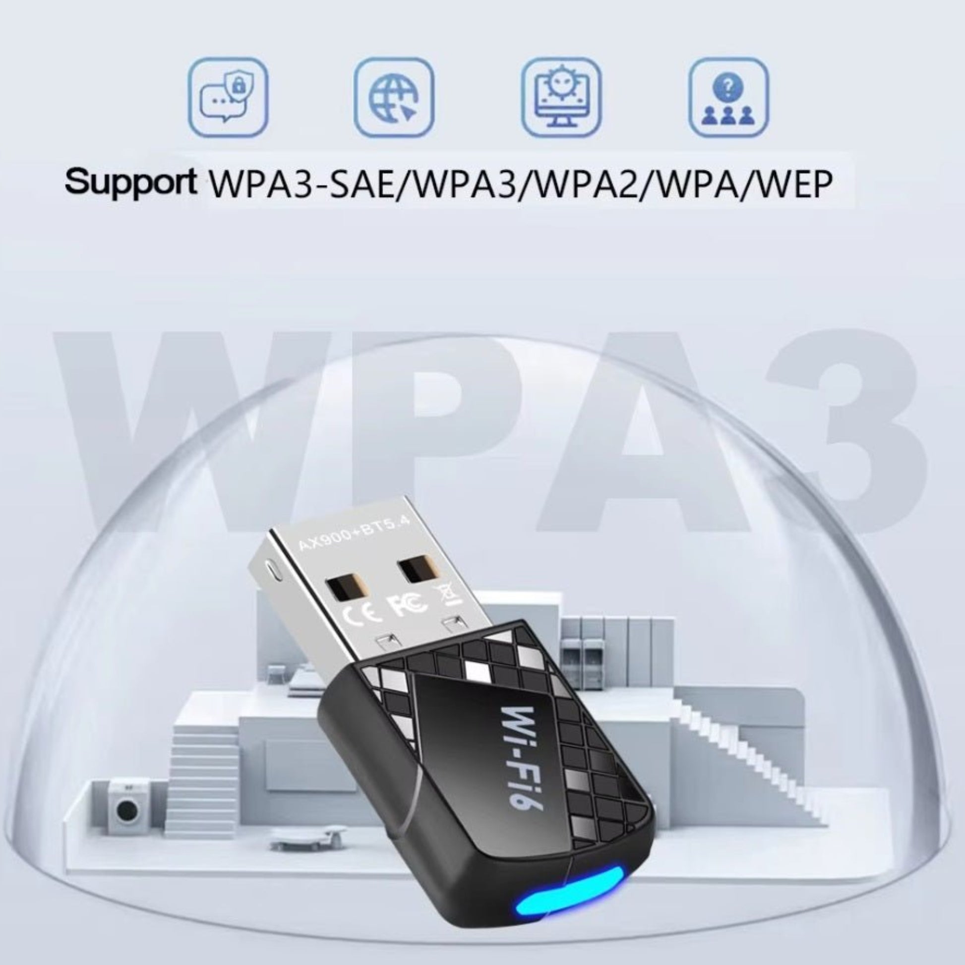 WiFi 6 Bluetooth 5.4 USB adapter supporting WPA3-SAE, WPA3, WPA2, WPA, WEP for enhanced wireless security.