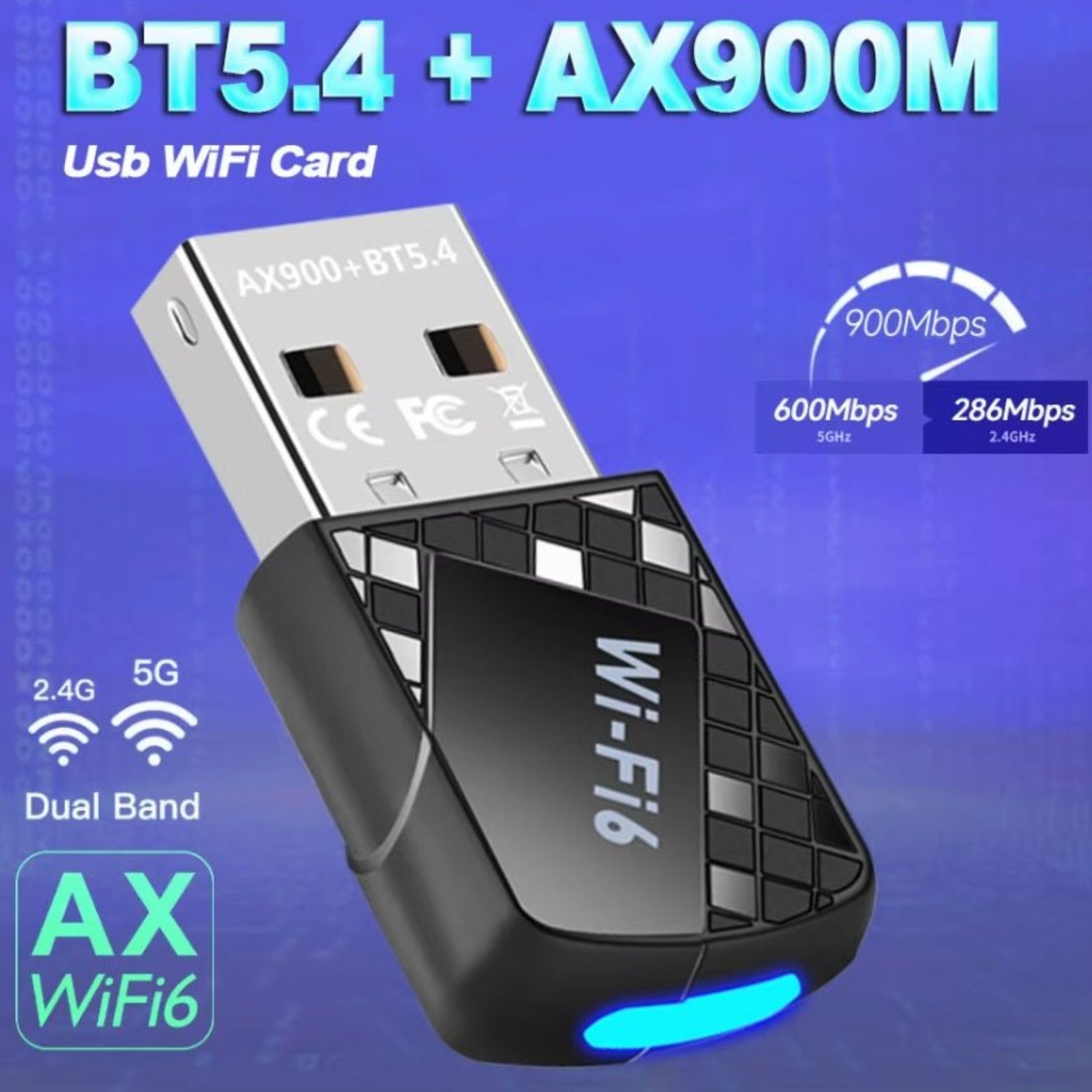 WiFi 6 Bluetooth 5.4 USB adapter for desktop & laptop, high-speed AX900M dual band for fast wireless internet.