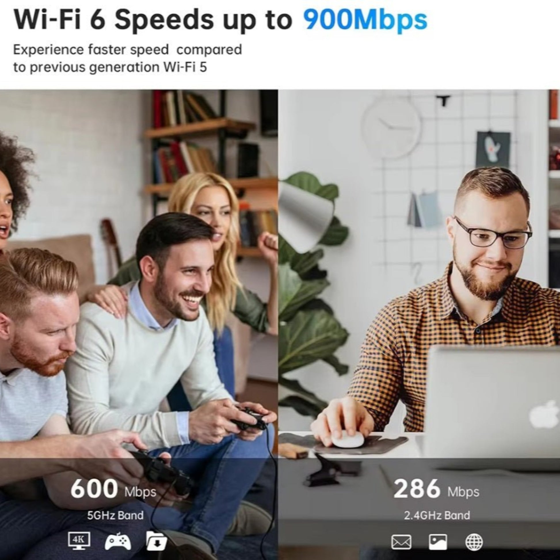 WiFi 6 USB adapter providing speeds up to 900Mbps, 600Mbps on 5GHz and 286Mbps on 2.4GHz for seamless streaming.