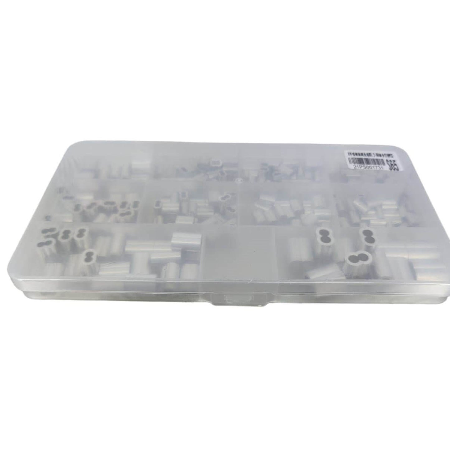 The 210-piece wire rope crimp sleeve kit shown in its clear plastic organizer case.